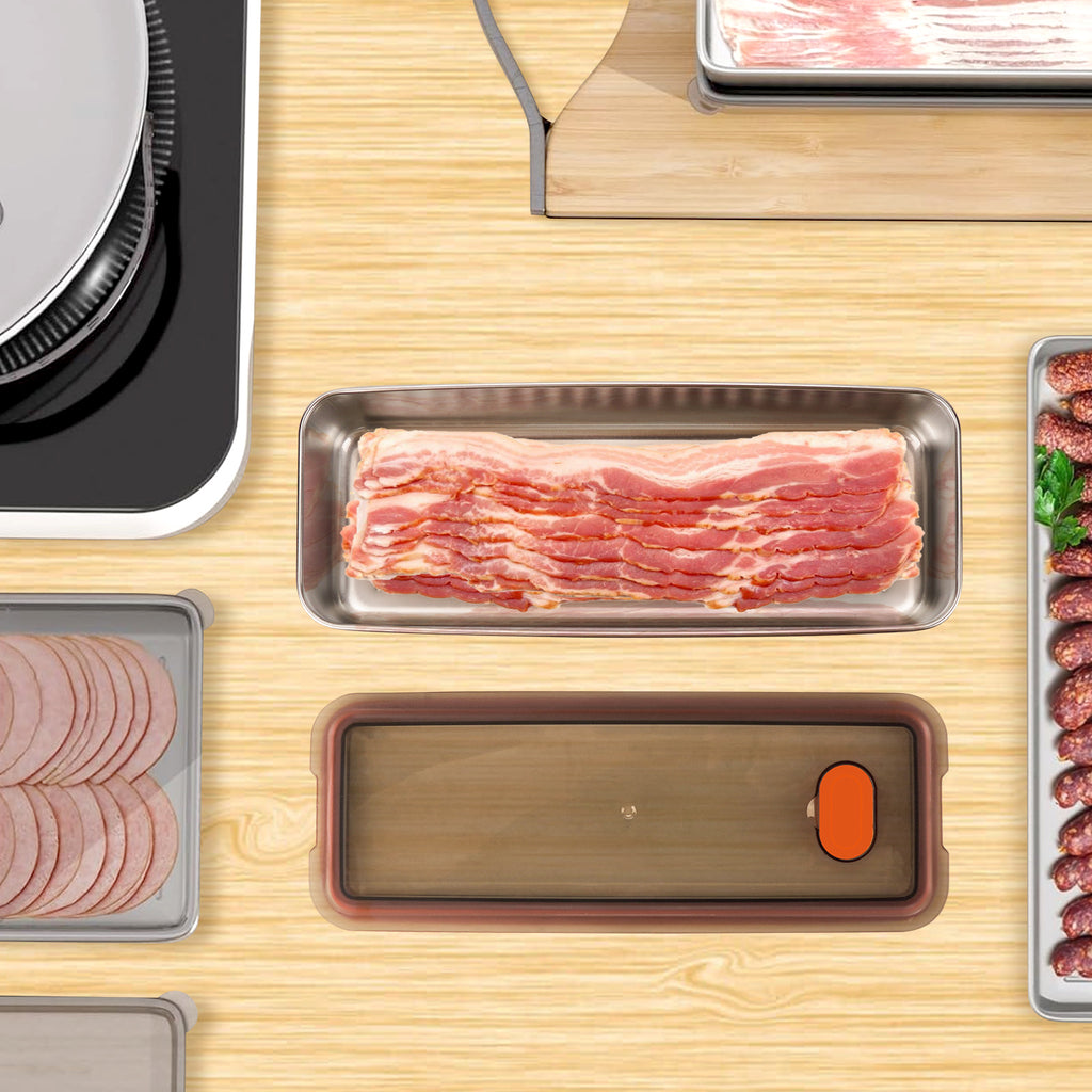 Linkidea 304 Stainless Steel Refrigerator Organizers and Storage, Bacon Fridge Organizer, Deli Meats Kitchen Storage with Lid