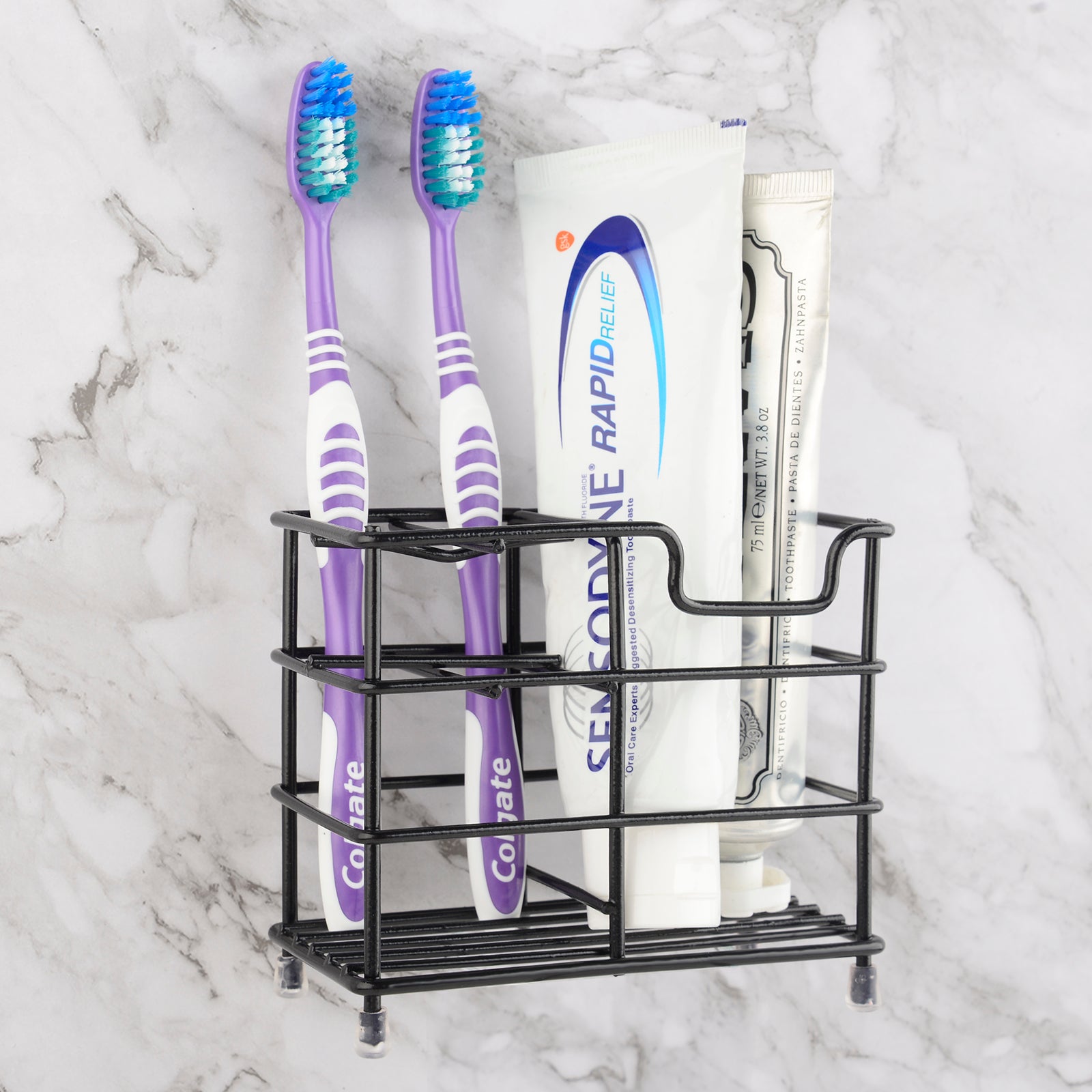 Linkidea Wall Mount Toothbrush Holder for Bathroom, Stainless Steel Tooth Brush Stand for Electric Toothbrush, Toothpaste, Razor, Self Adhesive Wallmount/Countertop 5 Slots Organizer (Black)