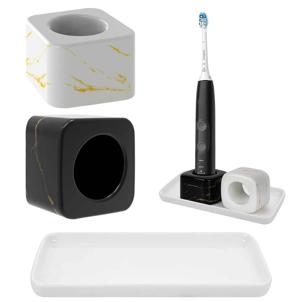 Linkidea Ceramic Electric Toothbrush Holder with Tray, Tooth Brush Stand for Standard Handle, Countertop Organizer Compatible with Philips Sonicare ProtectiveClean, Oral-B iO Series