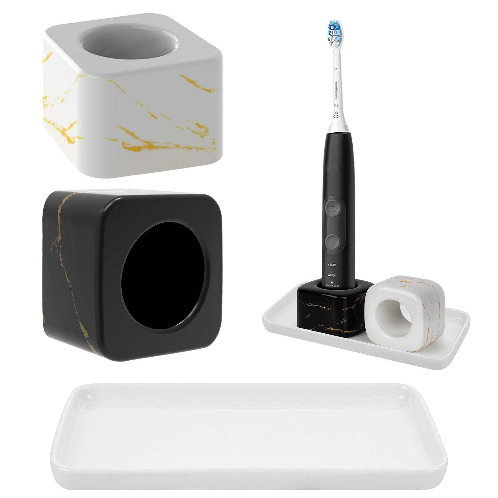 Linkidea Ceramic Electric Toothbrush Holder with Tray, Tooth Brush Stand for Standard Handle, Countertop Organizer Compatible with Philips Sonicare ProtectiveClean, Oral-B iO Series