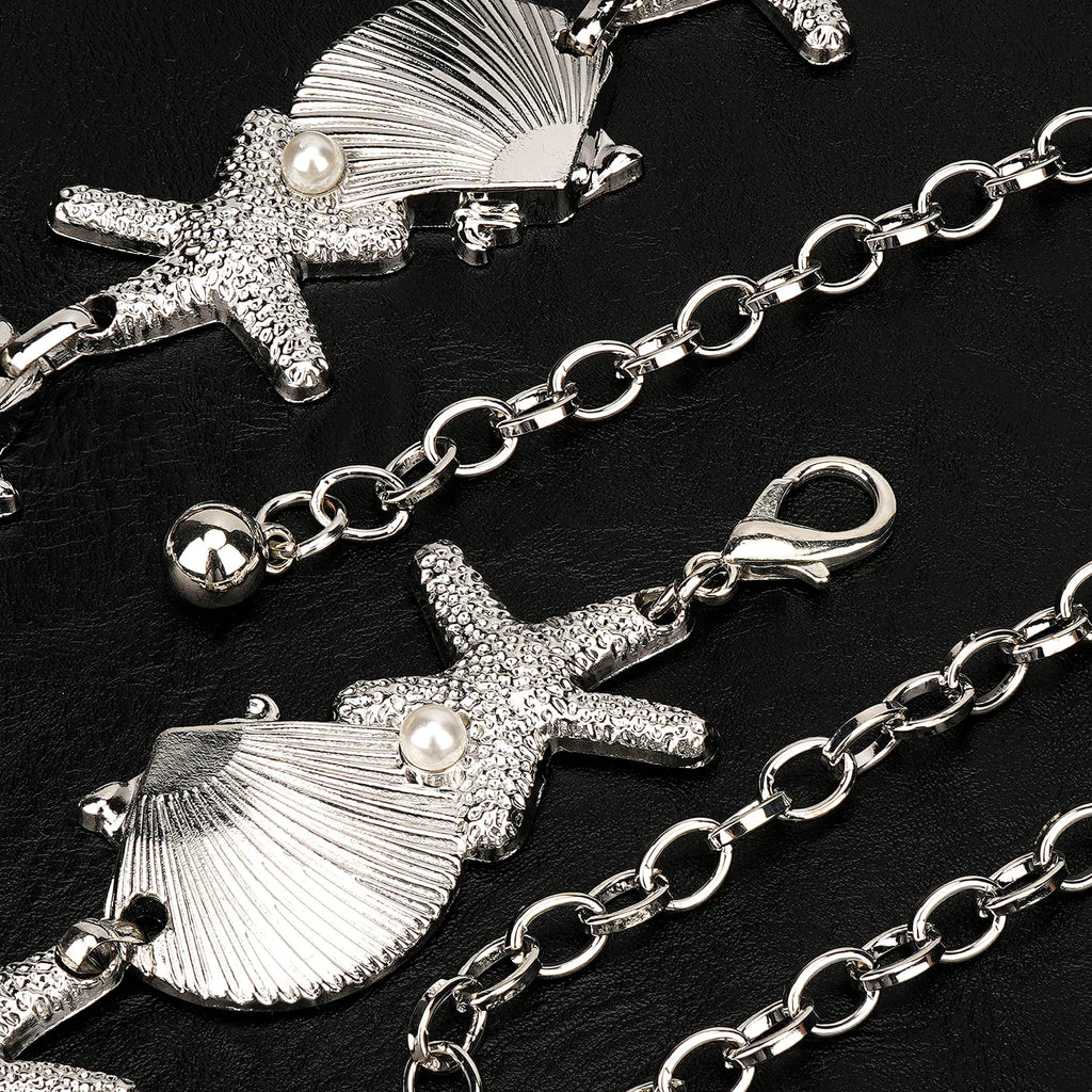Chain Belt for Women, Silver Shell Starfish with Faux Small Pearls Waist Belt, Max 47 Inch Adjustable Chunky Body Chain for Dresses, Party, Casual Wear, Fashion Jewelry Accessory