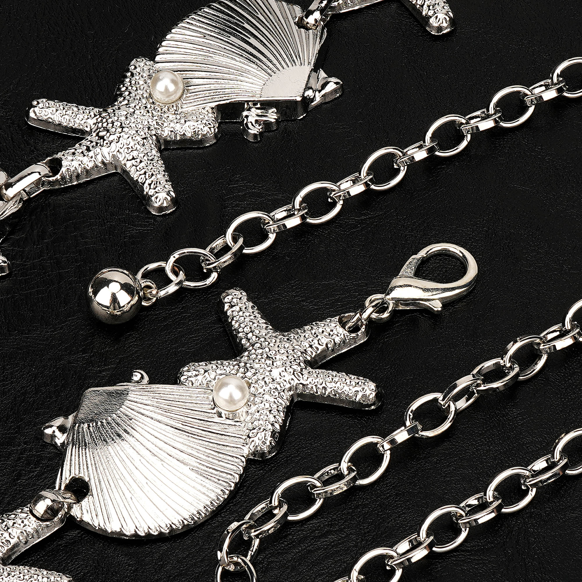 Chain Belt for Women, Silver Shell Starfish with Faux Small Pearls Waist Belt, Max 47 Inch Adjustable Chunky Body Chain for Dresses, Party, Casual Wear, Fashion Jewelry Accessory