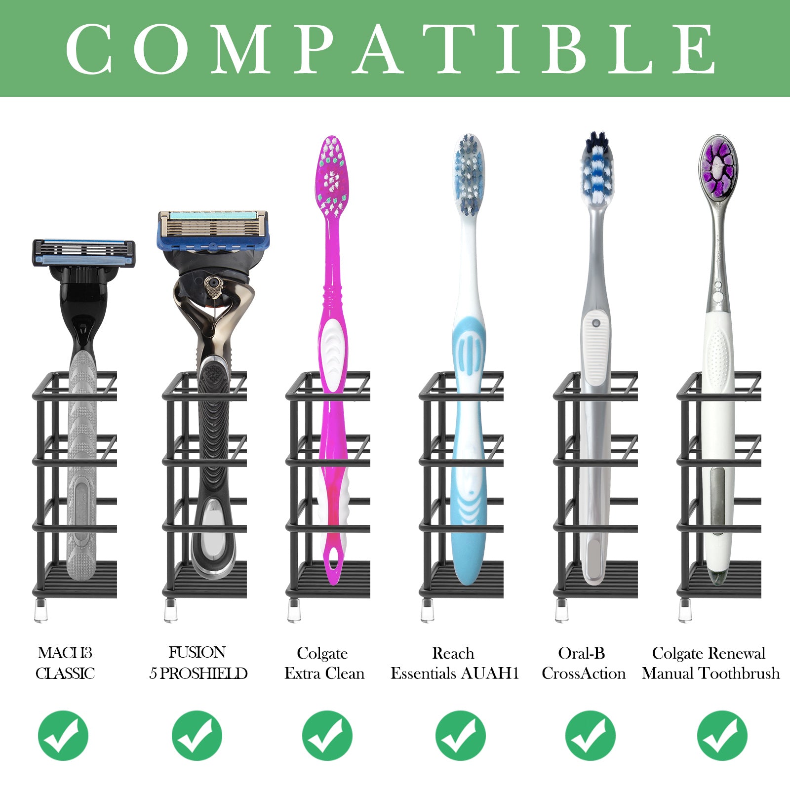 Linkidea Toothbrush Holder for Shower, Stainless Steel Tooth Brush Storage Stand Rack, Wallmount / Countertop 7 Slot Organizer Compatible with Colgate Extra Clean, Oral-B CrossAction (Black)