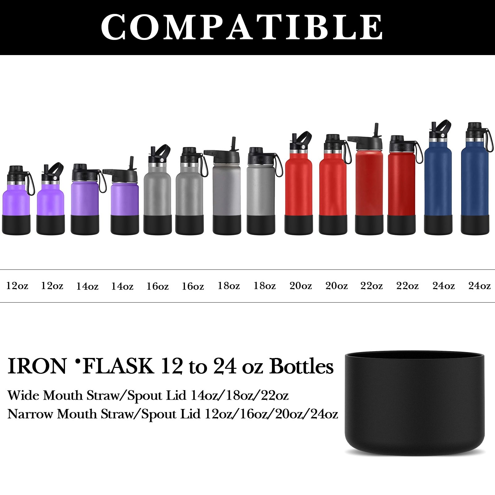 Linkidea 2 Pack Water Bottle Boot Compatible with IRON °FLASK Wide/Narrow Mouth 12oz/14oz/16oz/18oz/20oz/22oz/24oz, Silicone Bottle Bottom Sleeve Cover Bumper Protector (Black)