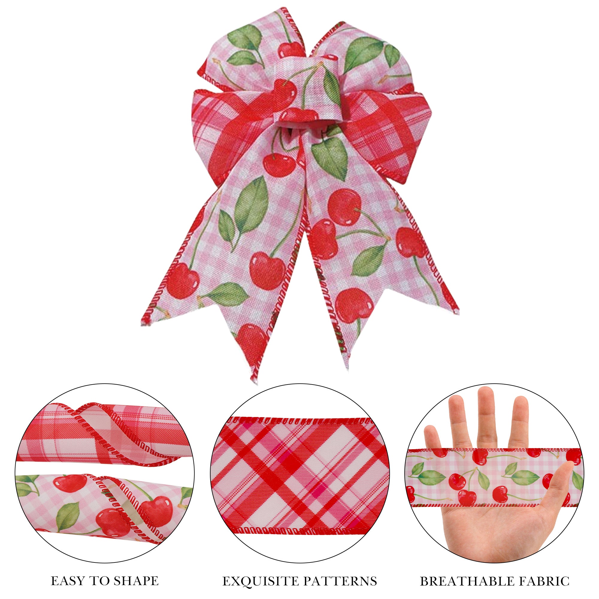Linkidea Cherry Plaid Ribbon for Crafts, 2 Rolls Decorative Wired Edge Ribbon for Bows, Wreaths, Gift Wrapping, DIY Decoration (Red, 2.4 Inch x 10 Yards Each)