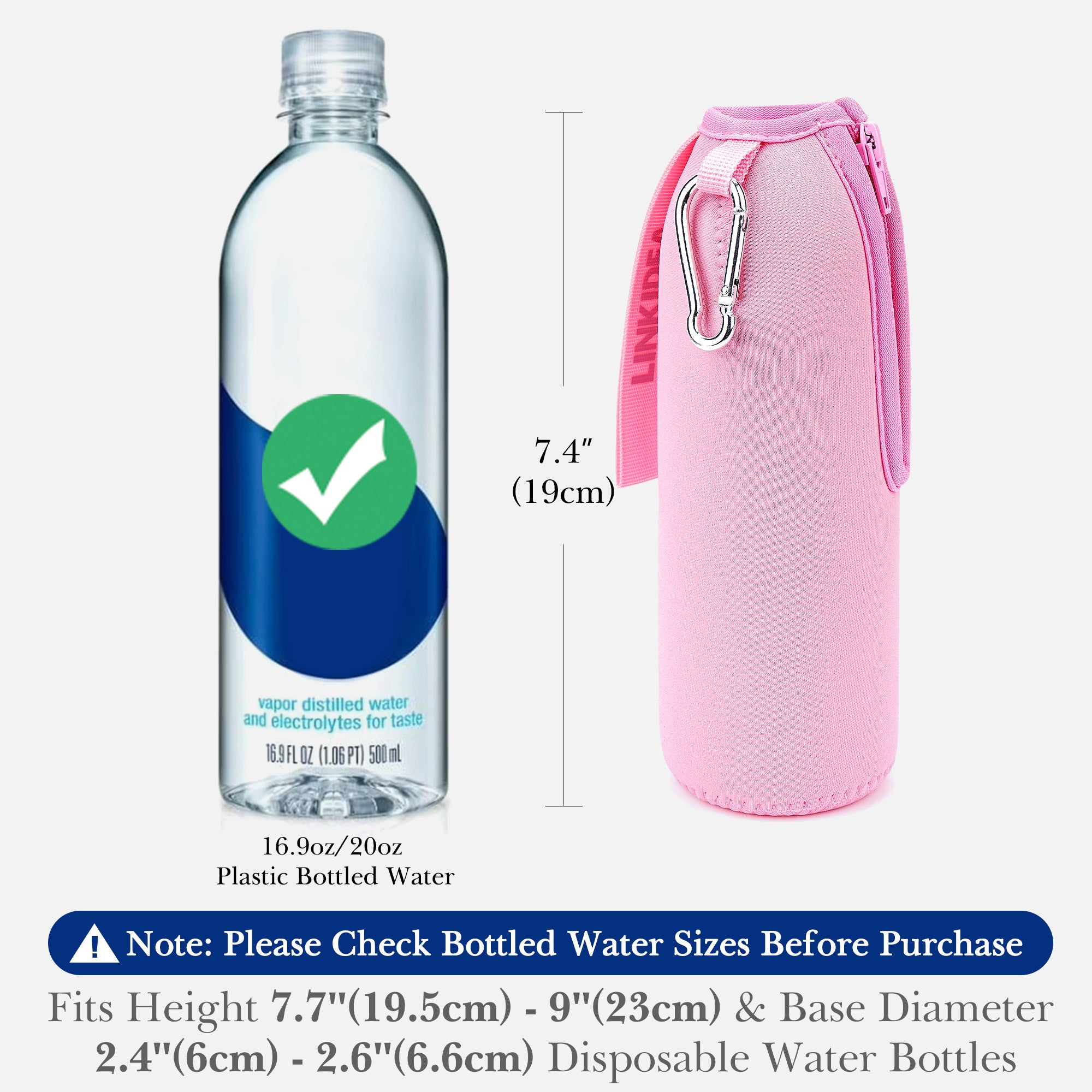 Linkidea Disposable Water Bottle Sleeve Compatible with Smartwater 16.9/20Fl Oz, Evian 16.9Fl Oz, Insulated Neoprene Plastic Bottled Water Cover Holder with Lockable Zipper, Pink