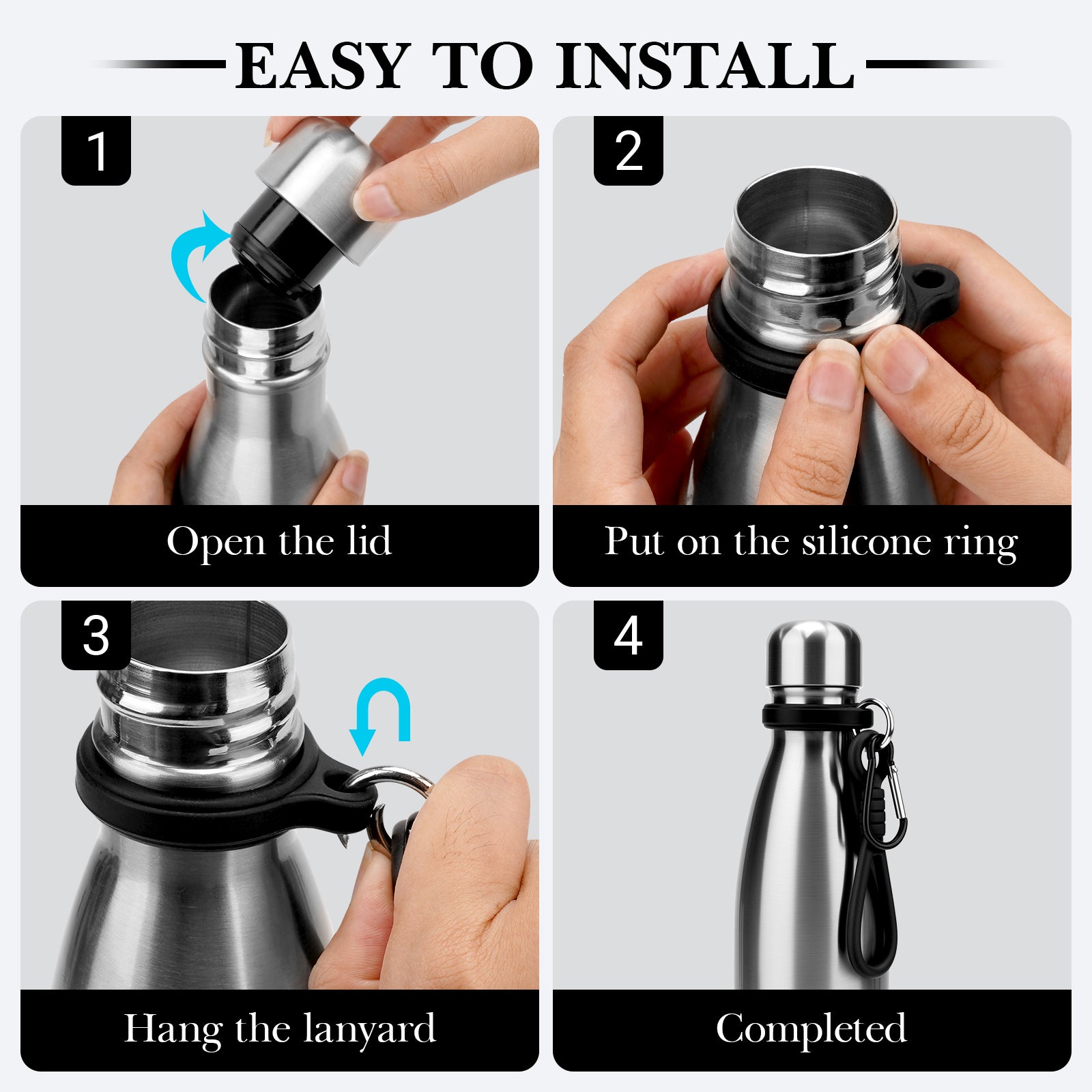 Linkidea Water Bottle Handle Strap for Cola-Shaped / Narrow Mouth Bottles, Compatible with MIRA 9oz/12oz/17oz/25oz, Replacement Silicone Carrier Grip with Clip for Backpack
