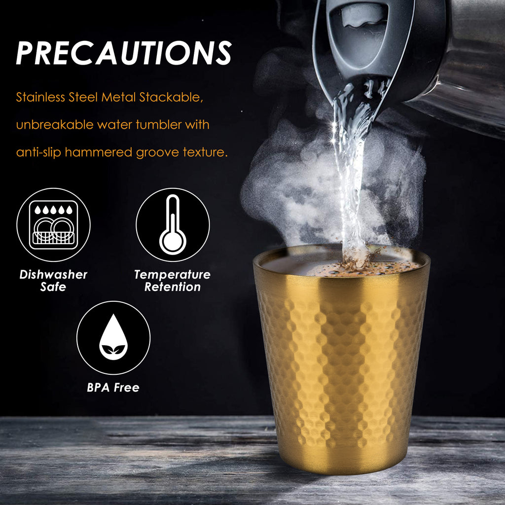 Linkidea 10 Oz Stainless Steel Double-Wall Tumbler Set of 4, Leak-Proof, Easy to Clean Water Cups, Ideal for Beer, Coffee, Ice Cream, Smoothies, Hot& Cold Drinks (Gold)