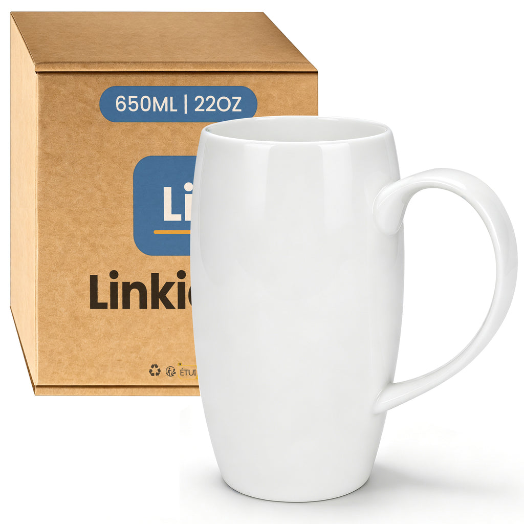 Linkidea 22oz Extra Large Fine Bone China Coffee Mug, Oversized Coffee Cups with Handles, Big Teacups for Office and Home, Microwave and Dishwasher Safe, White