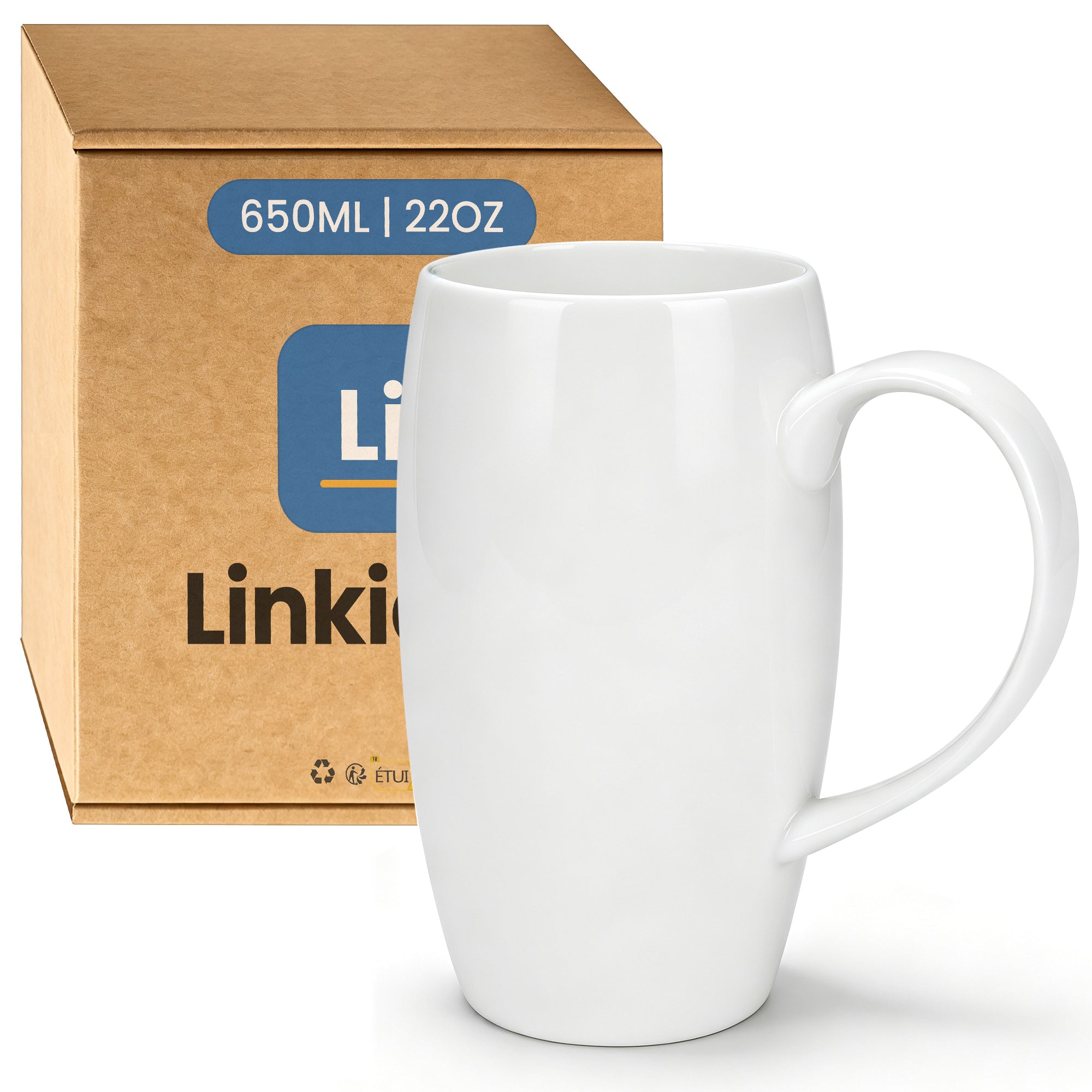 Linkidea 22oz Extra Large Fine Bone China Coffee Mug, Oversized Coffee Cups with Handles, Big Teacups for Office and Home, Microwave and Dishwasher Safe, White