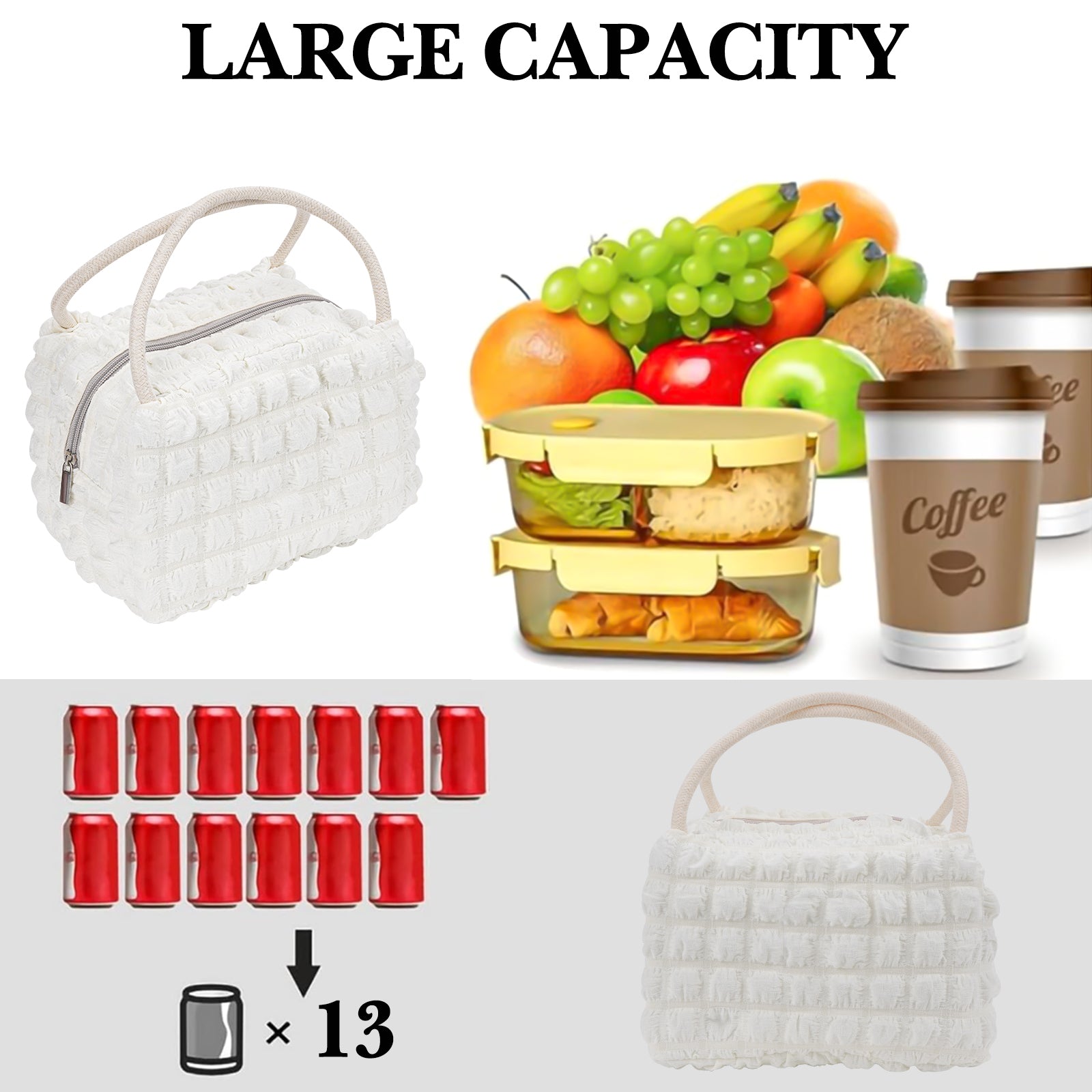 Linkidea Lunch Bag for Women, Insulated Lunch Bag with Hand Strap, Reusable Lunch Tote Bag with Zipper Fits Work, Daily Use, Compatible with Bentogo, LunchBots, EasyLunchboxes (White)