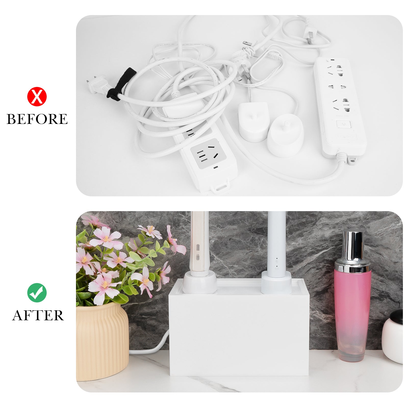 Linkidea Bathroom Electric Toothbrush and Razor Cable Organizer Box, Vanity Hide Cord Organizer, Charger and Power Strip Storage Box, Keep Outlet Clutter Free and Clean (White)