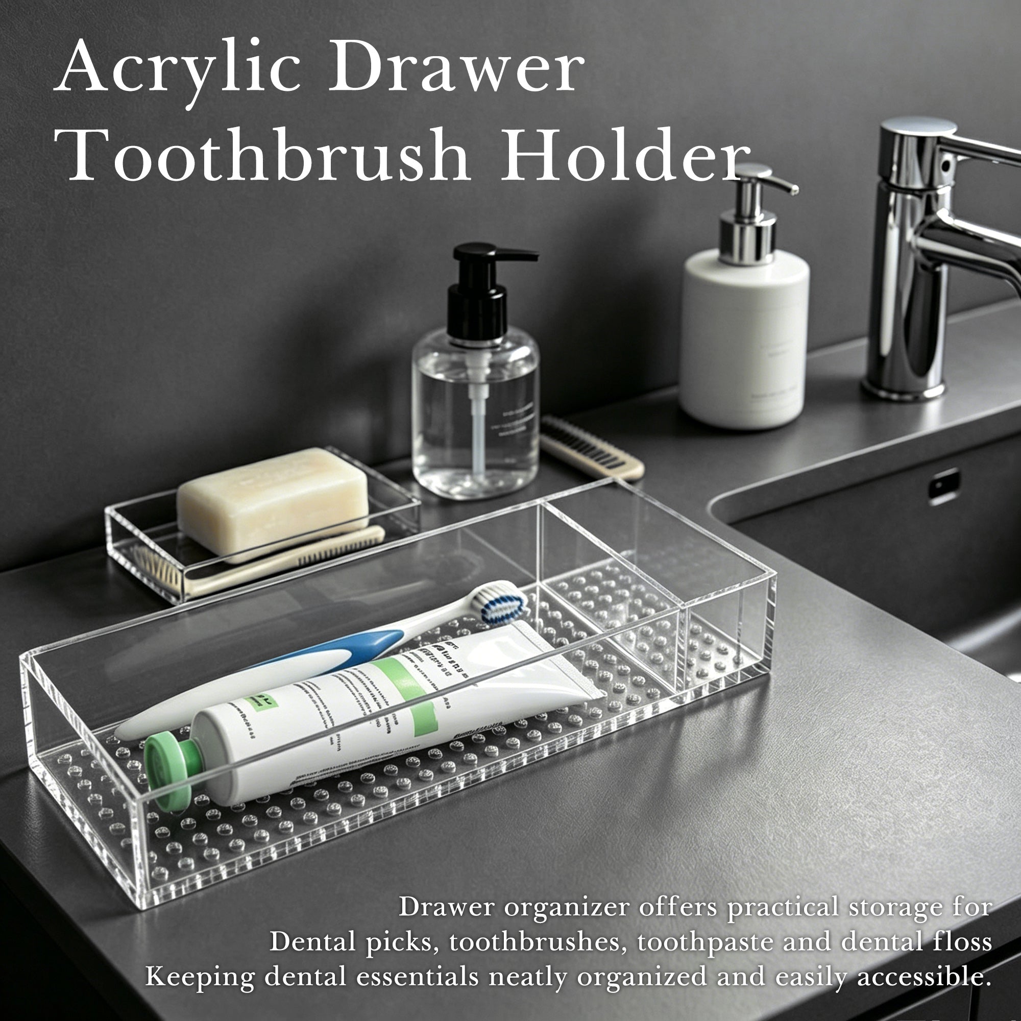 Linkidea Drawer Toothbrush Holder with Toothpaste Storage, Acrylic Organizer for Bathroom Vanity, Compatible with Colgate ExtraClean, Oral-B iO Series (Transparent)