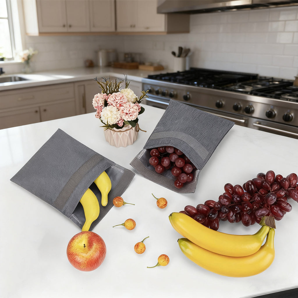 Linkidea 2 Pcs Portable Snack Bag, Washable Eco-friendly BPA Free Reusable Food Holder, 7-inch Hook and Loop Leak-Proof Compact Food Pouch Fits Sandwich, Sugar, Nuts (Grey)