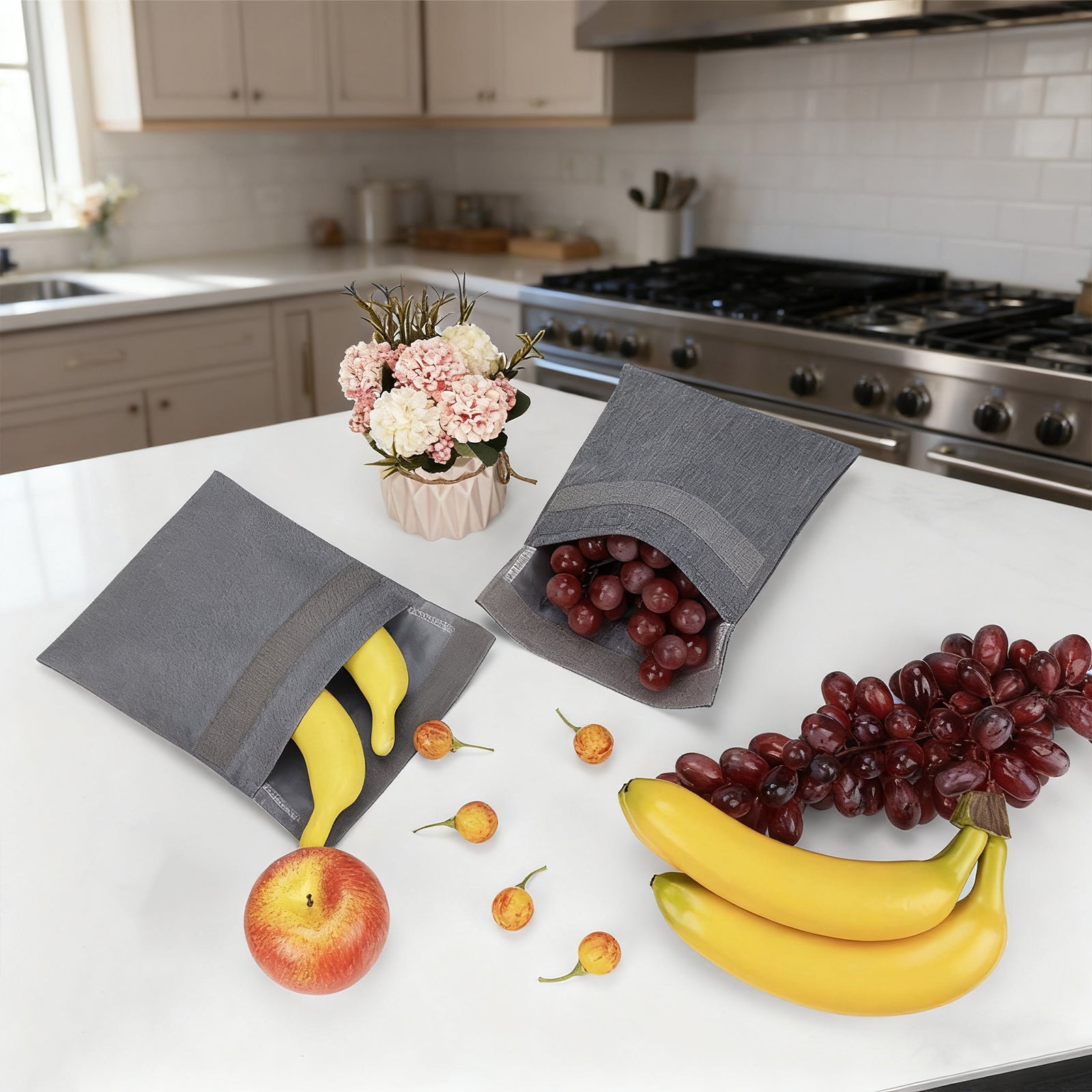 Linkidea 2 Pcs Portable Snack Bag, Washable Eco-friendly BPA Free Reusable Food Holder, 7-inch Hook and Loop Leak-Proof Compact Food Pouch Fits Sandwich, Sugar, Nuts (Grey)