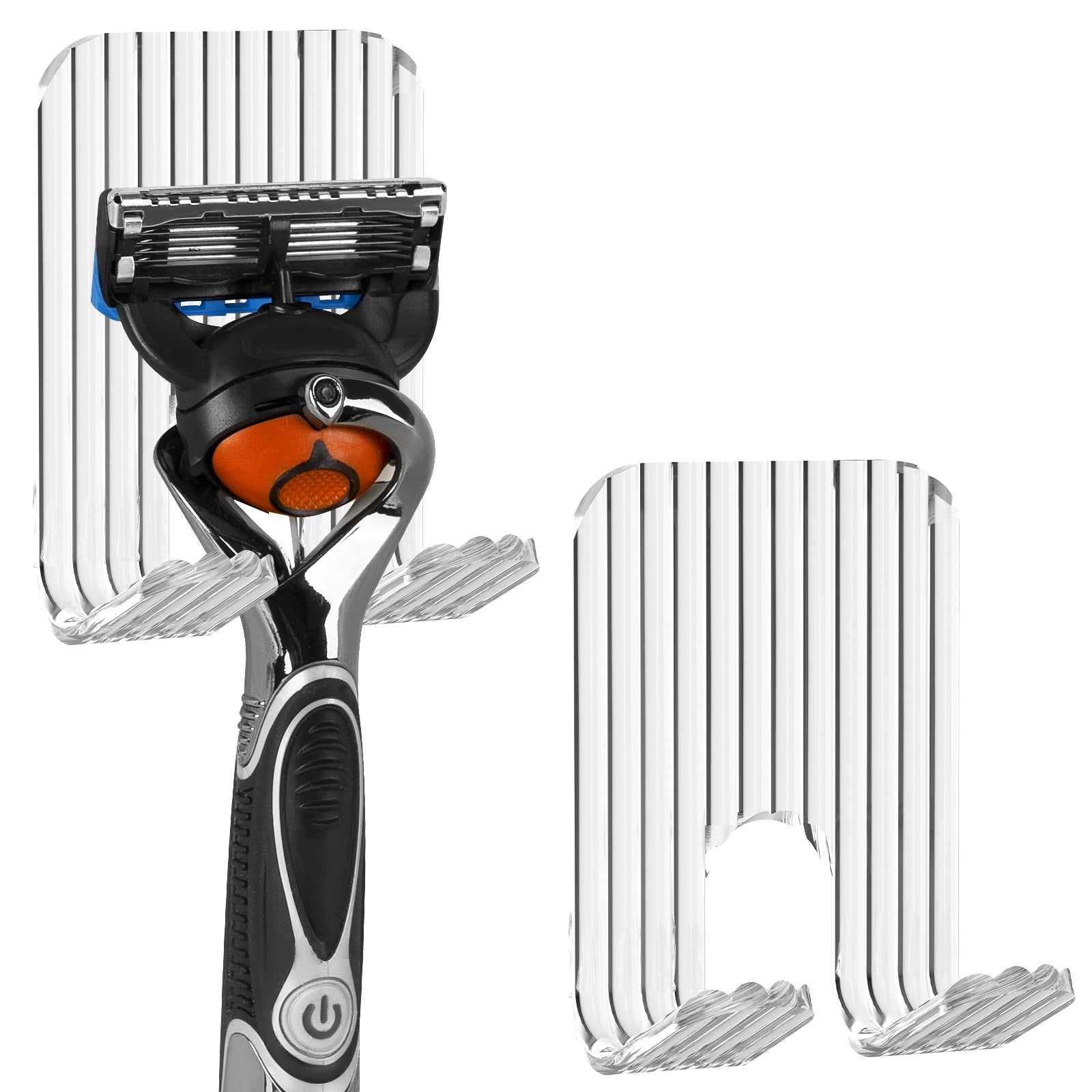 Linkidea 2 Pack Acrylic Razor Holder, Bathroom Organizer Hook for Razor, Towel, Loofah, Shower Storage Compatible with Gillette Sensor 3, Mach 3, Vikings Blade the Chieftain (Transparent)