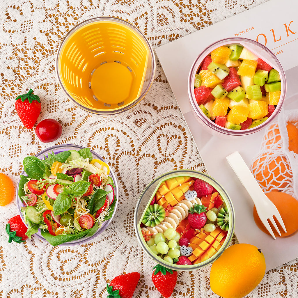 Linkidea Fruit Salad Travel Container With Colander, 21 oz Leak-Proof Plastic Salad Lunch Storage Container with Spoons and Lids, Fruit, Vegetable Portable Cup for Work, Picnic (Purple)