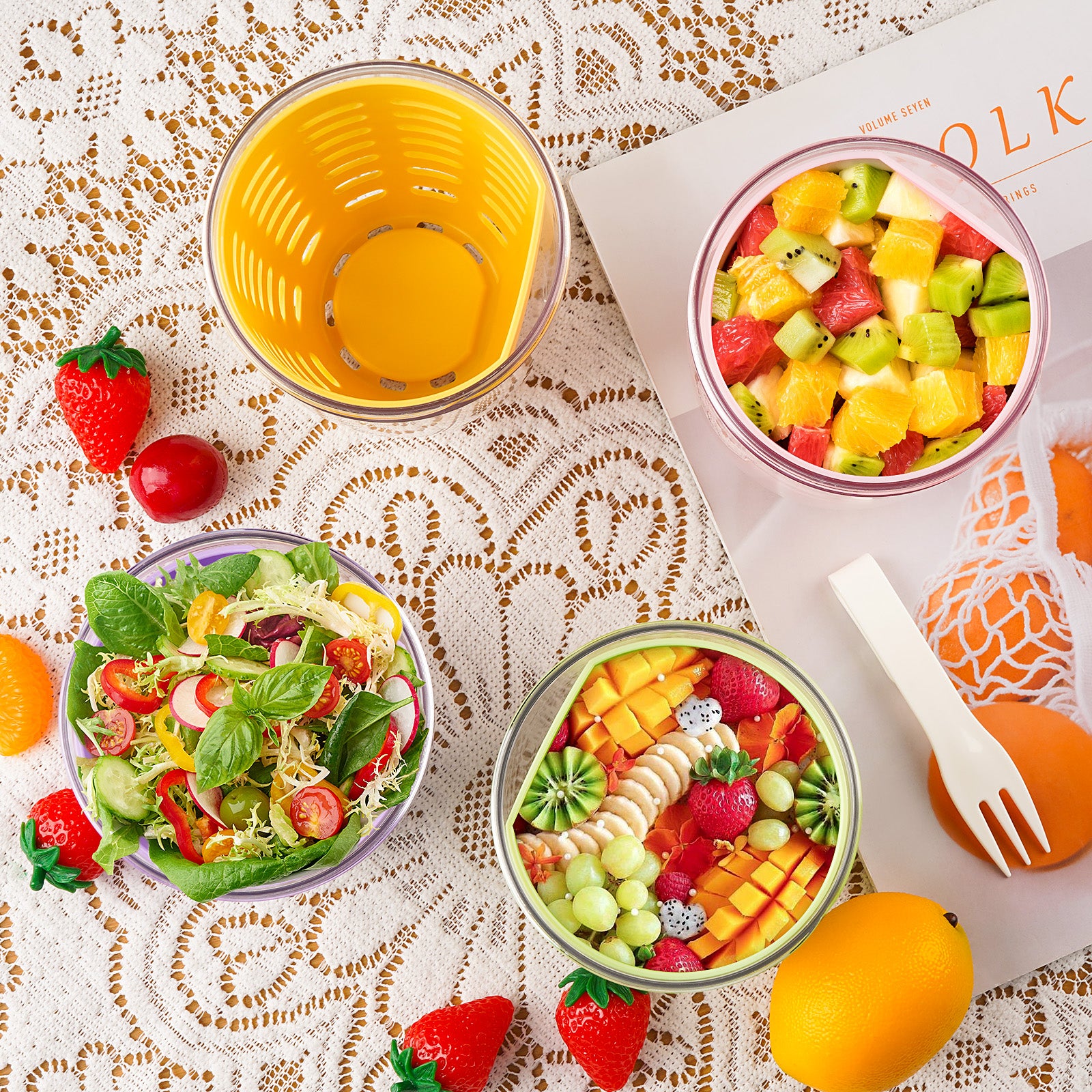 Linkidea Fruit Salad Travel Container With Colander, 21 oz Leak-Proof Plastic Salad Lunch Storage Container with Spoons and Lids, Fruit, Vegetable Portable Cup for Work, Picnic (Purple)