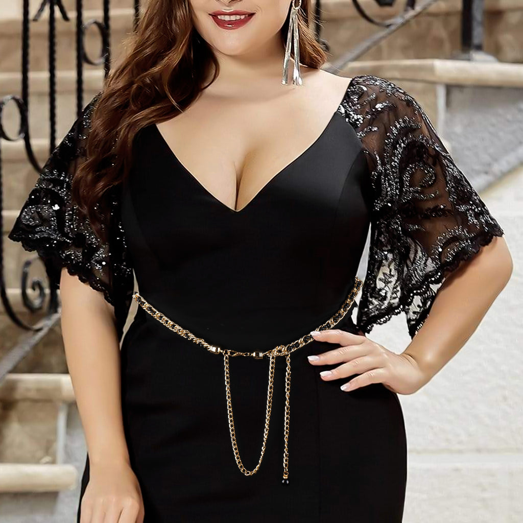 Plus Size Chain Belt for Women, Gold and Black Faux Pearl Waist Belt, 59 Inch Adjustable Extra Long Body Chain for Dresses, Party, Casual Wear, Fashion Jewelry Accessory