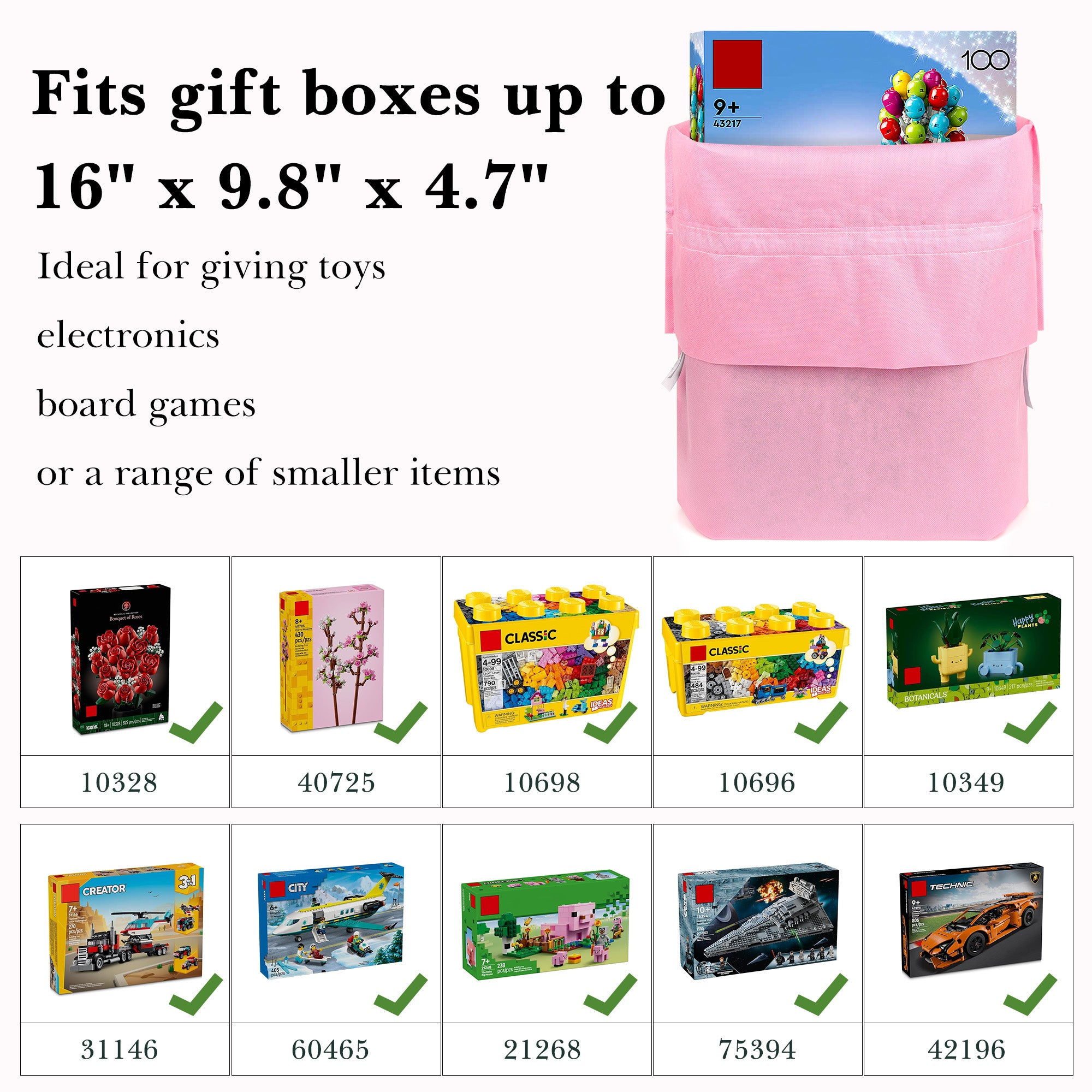 Linkidea 4 Pack Reusable Drawstring Gift Bags, Fabric Party Favor Bags for Birthday, Christmas & Holiday, Toy Storage Pouch for Building Blocks, Bricks & Goodie Bags (Pink)