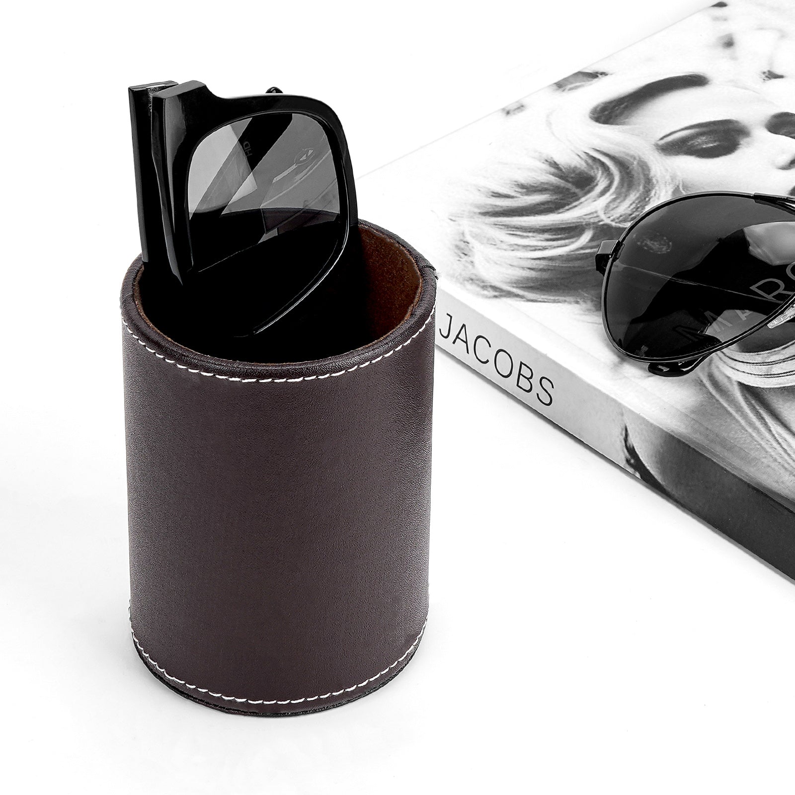 Glasses Desk Holder Stand for Reading Eyeglasses Compatible with Extra Large Glasses, Vegan Leather Glasses Holder for Nightstand, Glasses Storage (XXL, Brown)