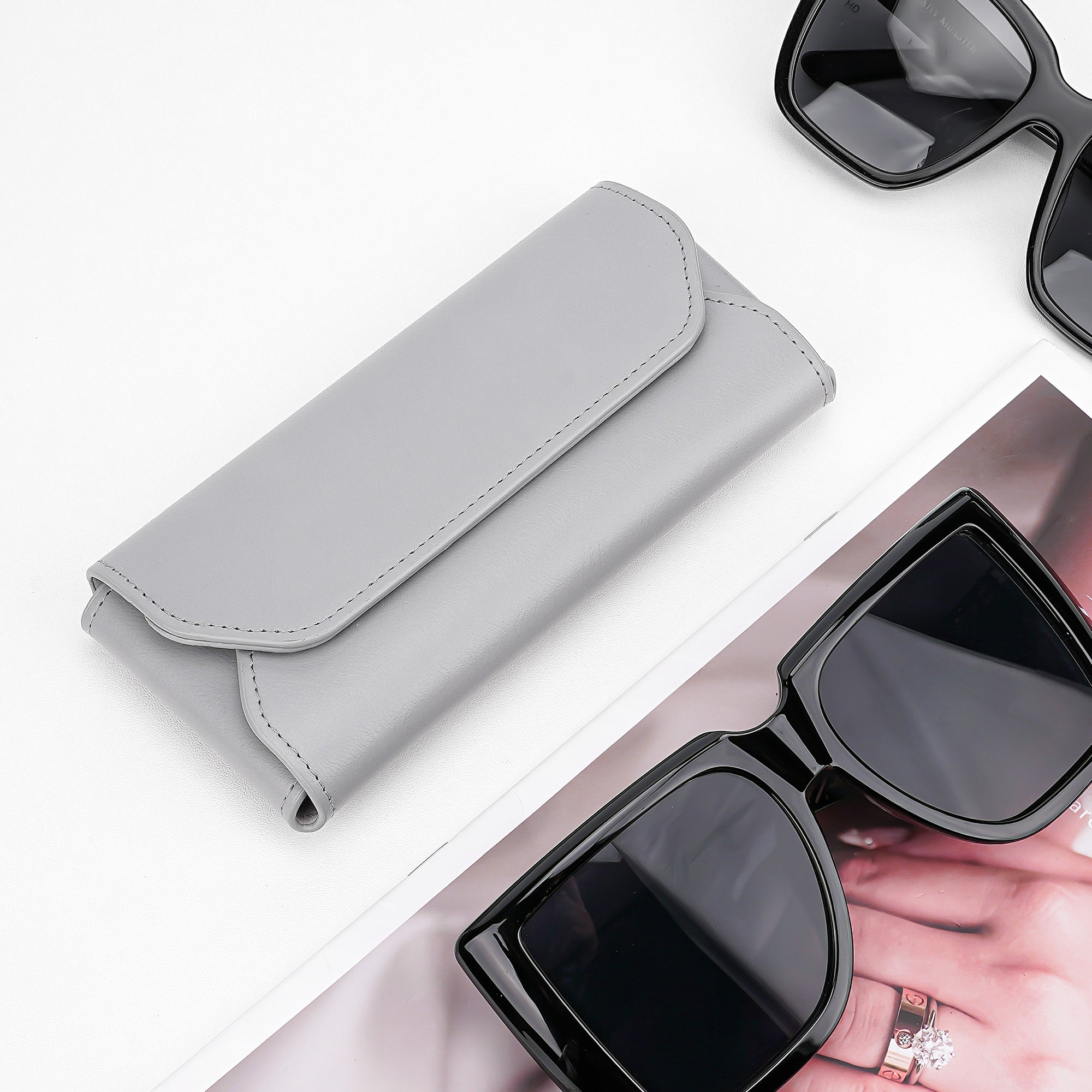 Extra Large Sunglasses Pouch Case, Vegan Leather Sun Glasses Organizer Soft Bag Compatible with Gucci GG0595S GG0875S GG0351S GG1087S RayBan RB4840S RB2132 RB3707 (XL, Grey)
