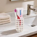 Linkidea Ceramic Countertop Toothbrush Holder, Minimalist Stand for Manual Toothbrush, Toothpaste, Razor, Vanity Organizer Compatible with Reach Essentials, Oral-B CrossAction (White)