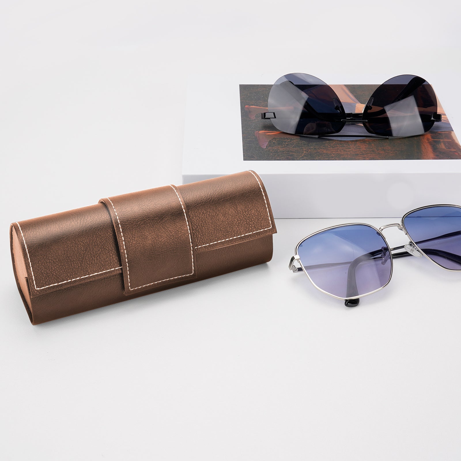 Extra Large Hard Shell Sunglasses Case, Jazz Brown Vegan Leather Eyewear Storage Organizer Compatible with Gucci GG0981S Prada PR 15W/ PR 24Z Versace VE4473U/VE4478U/VE4479U