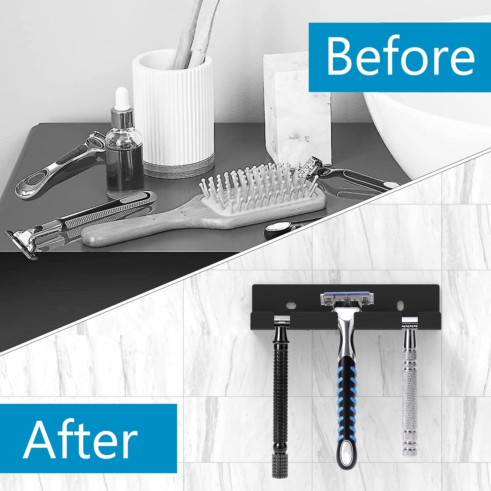 Linkidea 2 Pack Wall Mount Shower Razor Holder, Self Adhesive Stainless Steel Shaver Holder, Shaving Stand for Bathroom, Compatible with Gillette Sensor 3, Dorco Pace 6 Pro (Black)
