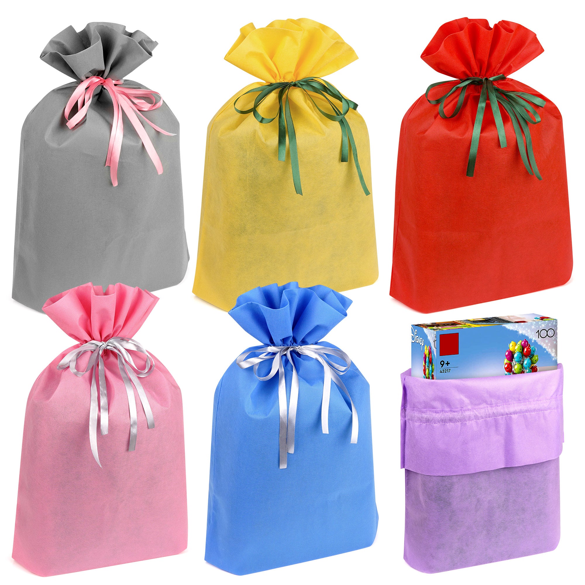 Linkidea 6 Pack Reusable Drawstring Gift Bags, Durable Fabric Party Favor Bags for Birthday & Christmas, Multi-Color Toy Storage Pouches for Building Blocks, Bricks, Treats & Goodie Bags