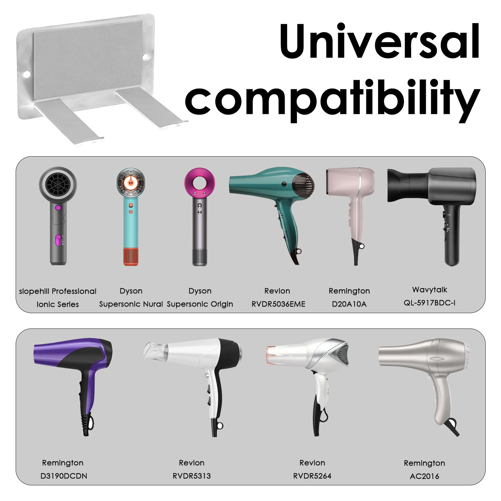 Linkidea Wall Mounted Hair Dryer Holder with Hooks, Screw or Self-Adhesive Organizer Stand, Compatible with Dyson Origin & Nural Series Hair Dryers (Silver)