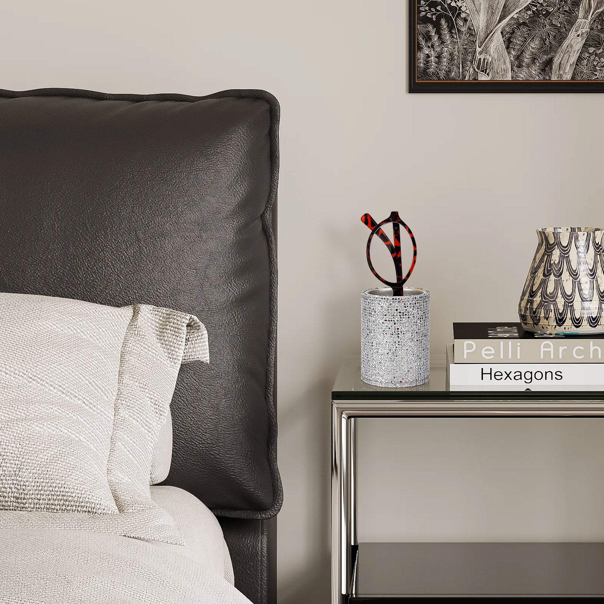 Reading Glasses Desk Holder Stand, Vegan Leather Lined Eyewear Display Storage for Nightstand Office Organizer (Small, Silver)