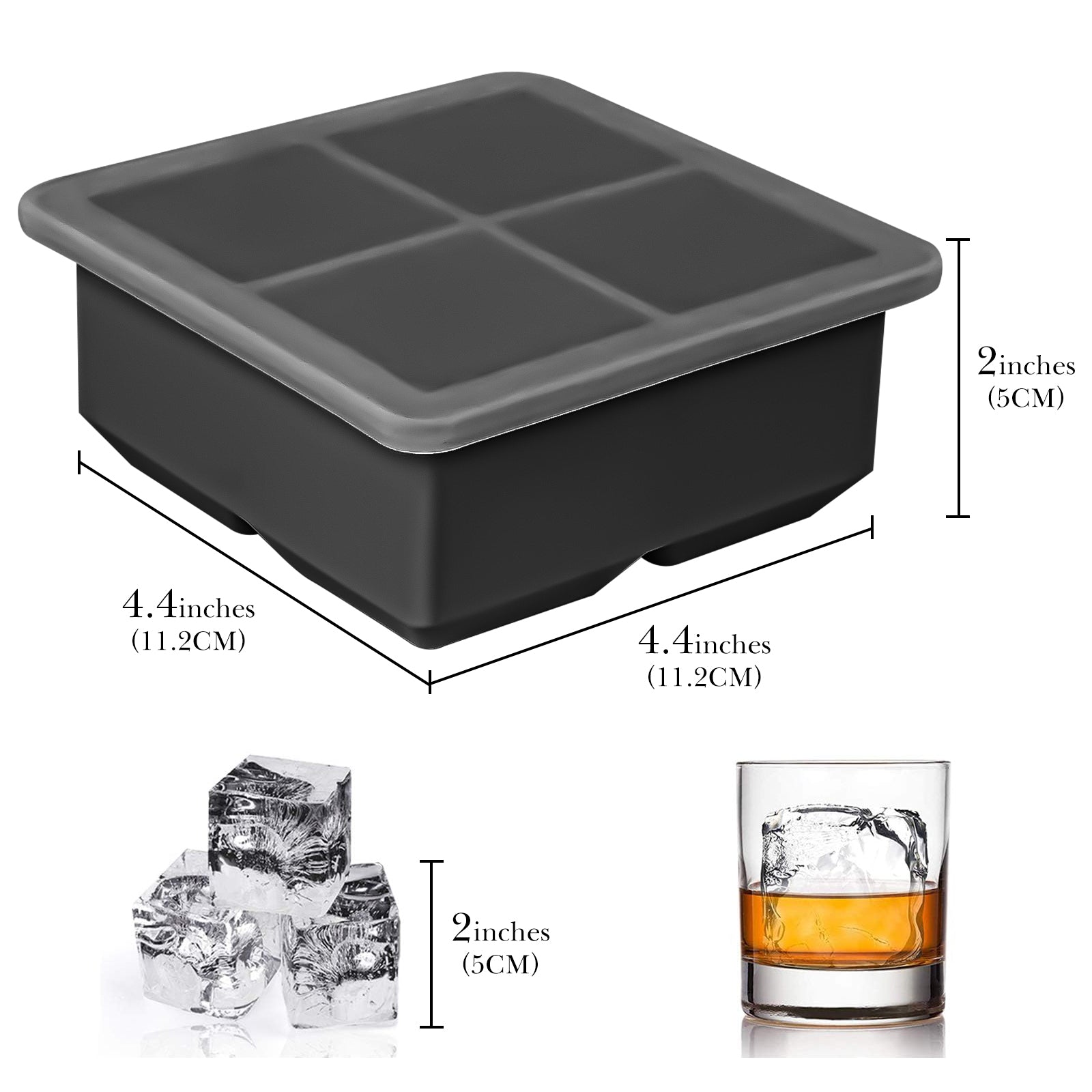 Extra Large Ice Cube Mold with Lid, 2 Pack Silicone Ice Cube Freezer Trays, 2 Inch Giant Ice Cube Molds for Whiskey Bourbon Cocktails Coffee Soup Ice Cubes Tray, Black