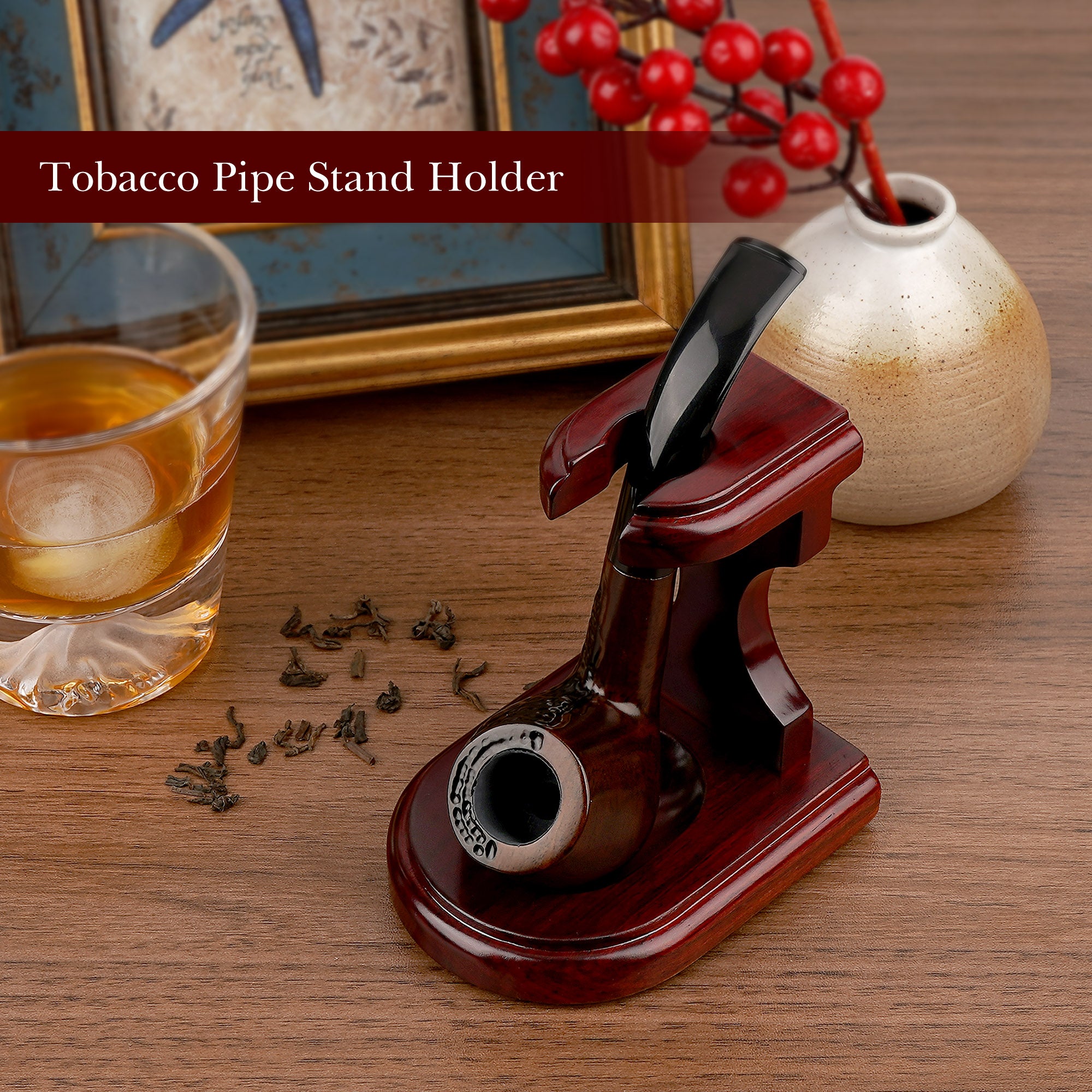 Linkidea Wooden Tobacco Pipe Stand Holder Rack, Compatible with Most Smoking Pipes, Portable Pipe Display Organizer, Pipe Holder for Smoking Accessories (Red)