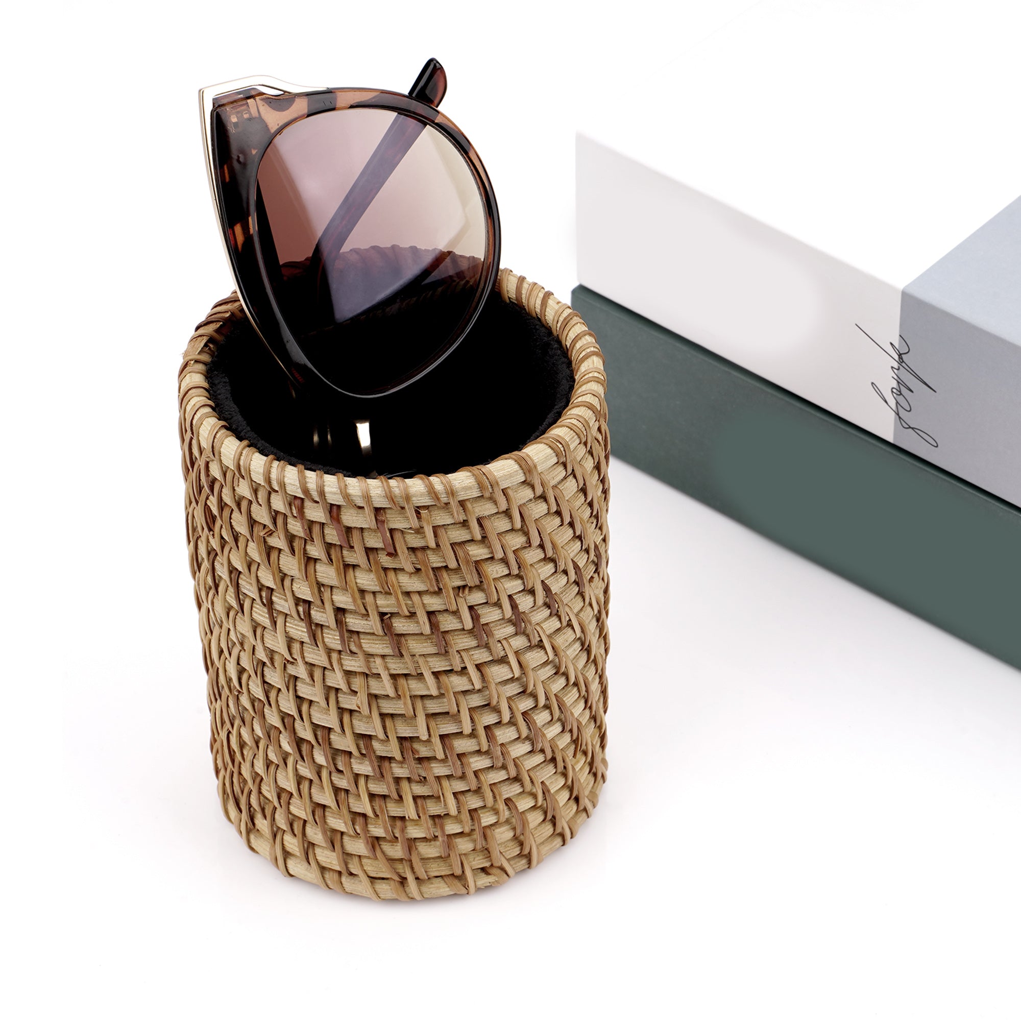 Sunglasses Desk Holder Stand Compatible with Extra Large Glasses, Rattan Weave Eyeglasses Display Storage Organizer with Plush Lined