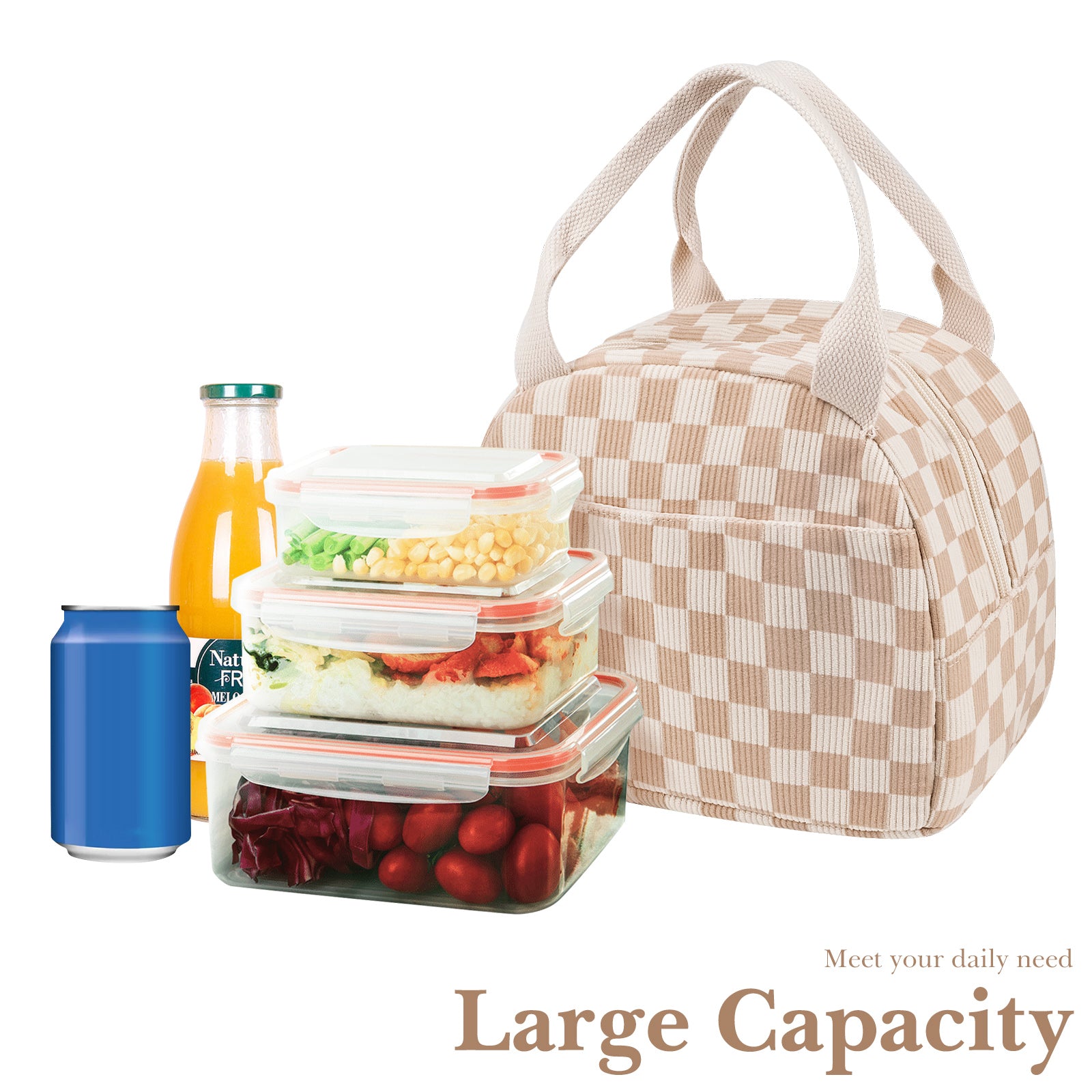 Linkidea Lunch Box for Adult, Corduroy Lunch Bag with Hand Strap, Large Capacity Lunch Bag for Everyday Outings, Compatible with Crock Pot, DUPASU, Aotto, LUNCHEAZE (Brown)