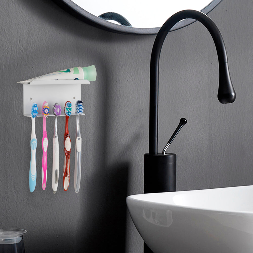 Linkidea Wall Mounted Toothbrush Holder for Shower, Aluminum Self-Adhesive 5 Slots Tooth Brush and Toothpaste Organizer Hanger Compatible with Colgate Extra Clean, Oral-B CrossAction (White)
