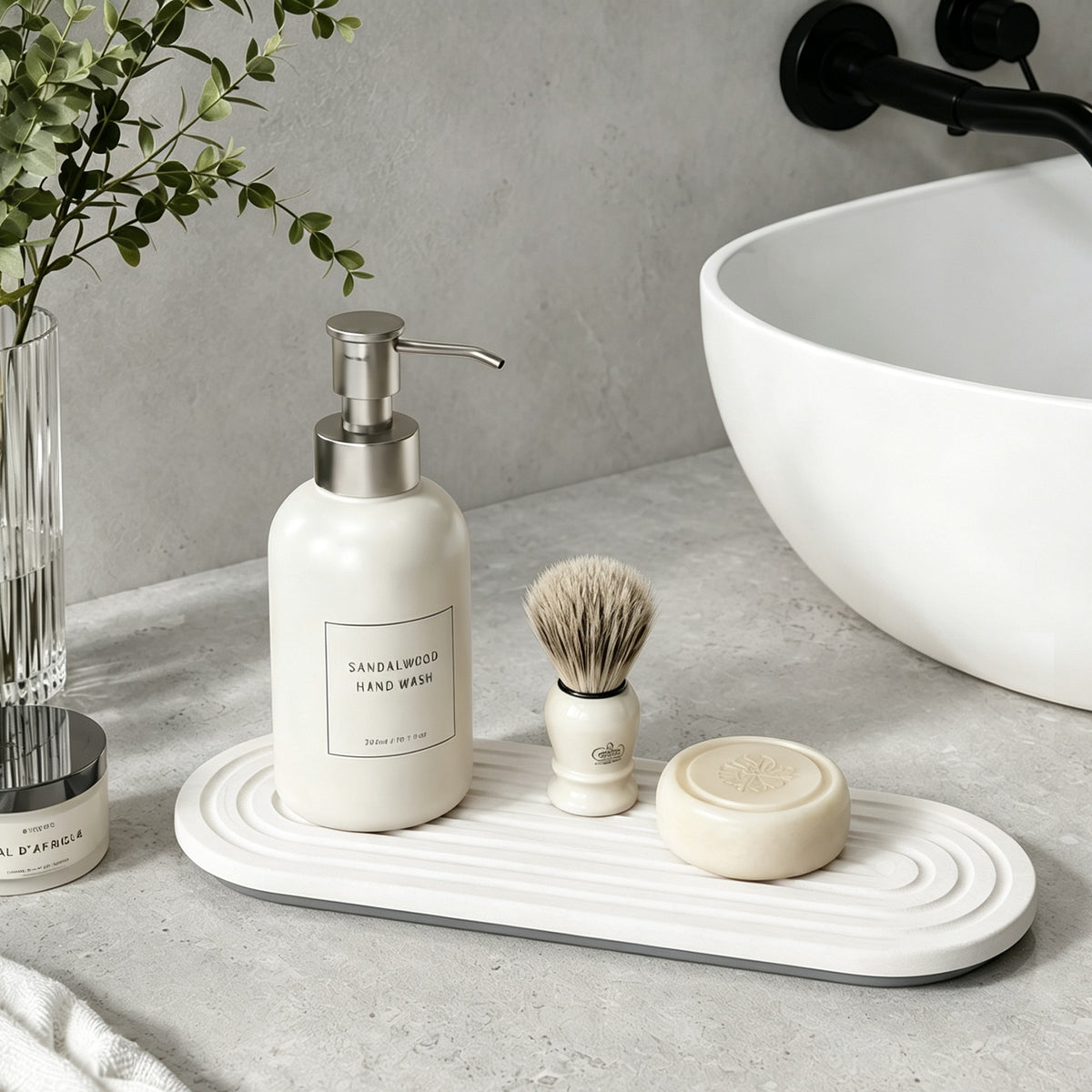Linkidea Diatomite Bathroom Countertop Tray, Quick-Dry Soap Dispenser Holder & Soap Dish Organizer, Absorbent Vanity Sink Caddy with Removable Silicone Mat for Hand Soap Toiletries (White)