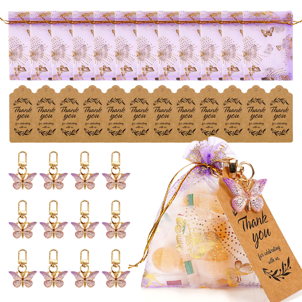 Linkidea 12 Pcs Butterfly Keychains with Thank You Tags, Party Favors, Butterfly Theme Event Favors, Backpack Charms, Bulk Keychains for Goodie Bags