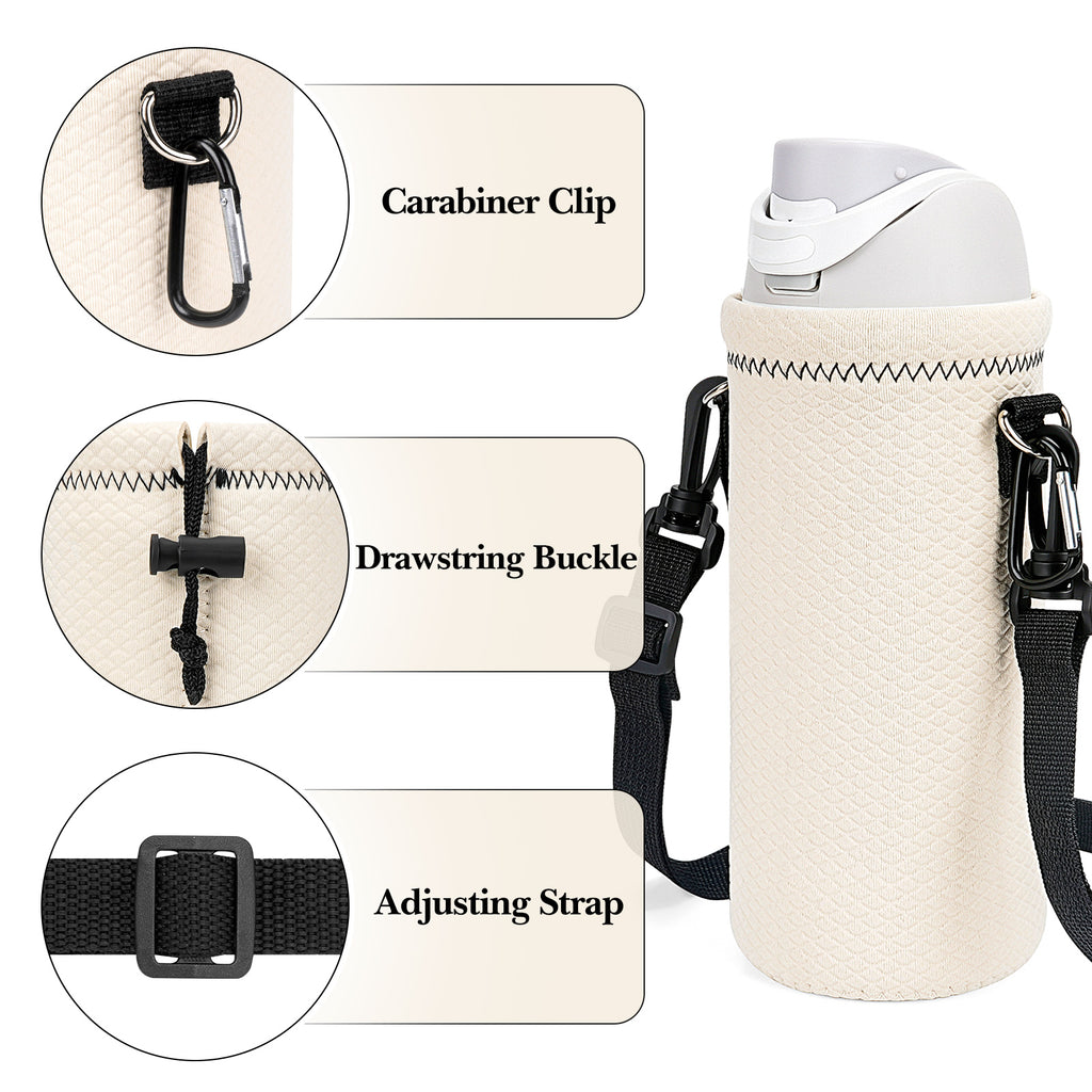 Linkidea Water Bottle Carrier with Strap Compatible with Kids FreeSip 16oz, Owala FreeSip Tritan 25oz, Neoprene Waterbottle Sling Bag Holder, Shoulder Strap, Off White