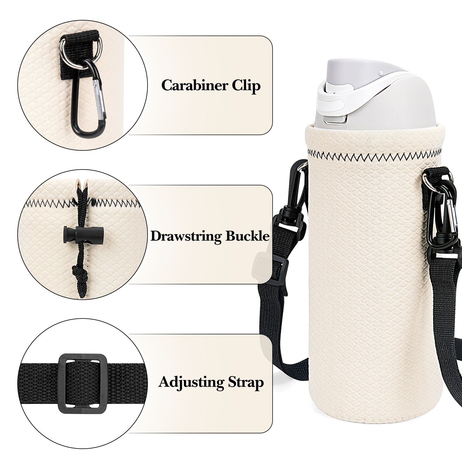 Linkidea Water Bottle Carrier with Strap Compatible with Kids FreeSip 16oz, Owala FreeSip Tritan 25oz, Neoprene Waterbottle Sling Bag Holder, Shoulder Strap, Off White