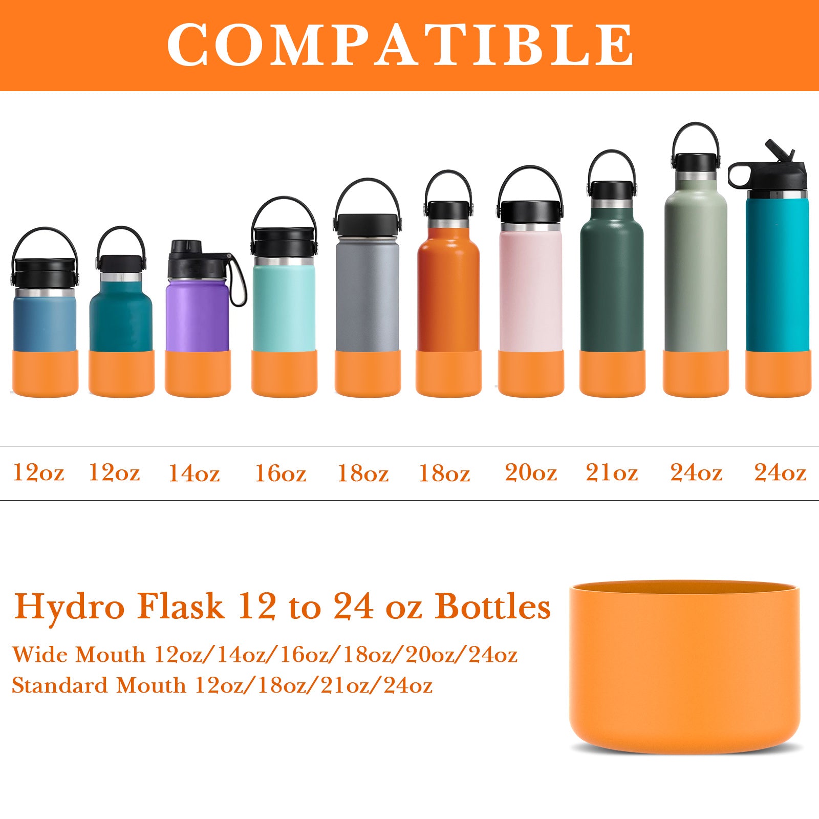Linkidea 2 Pack Water Bottle Boot Compatible with Hydro Flask Wide Mouth 12oz/14oz/16oz/18oz/20oz, Silicone Bottle Bottom Sleeve Bumper Protector (Clementine)