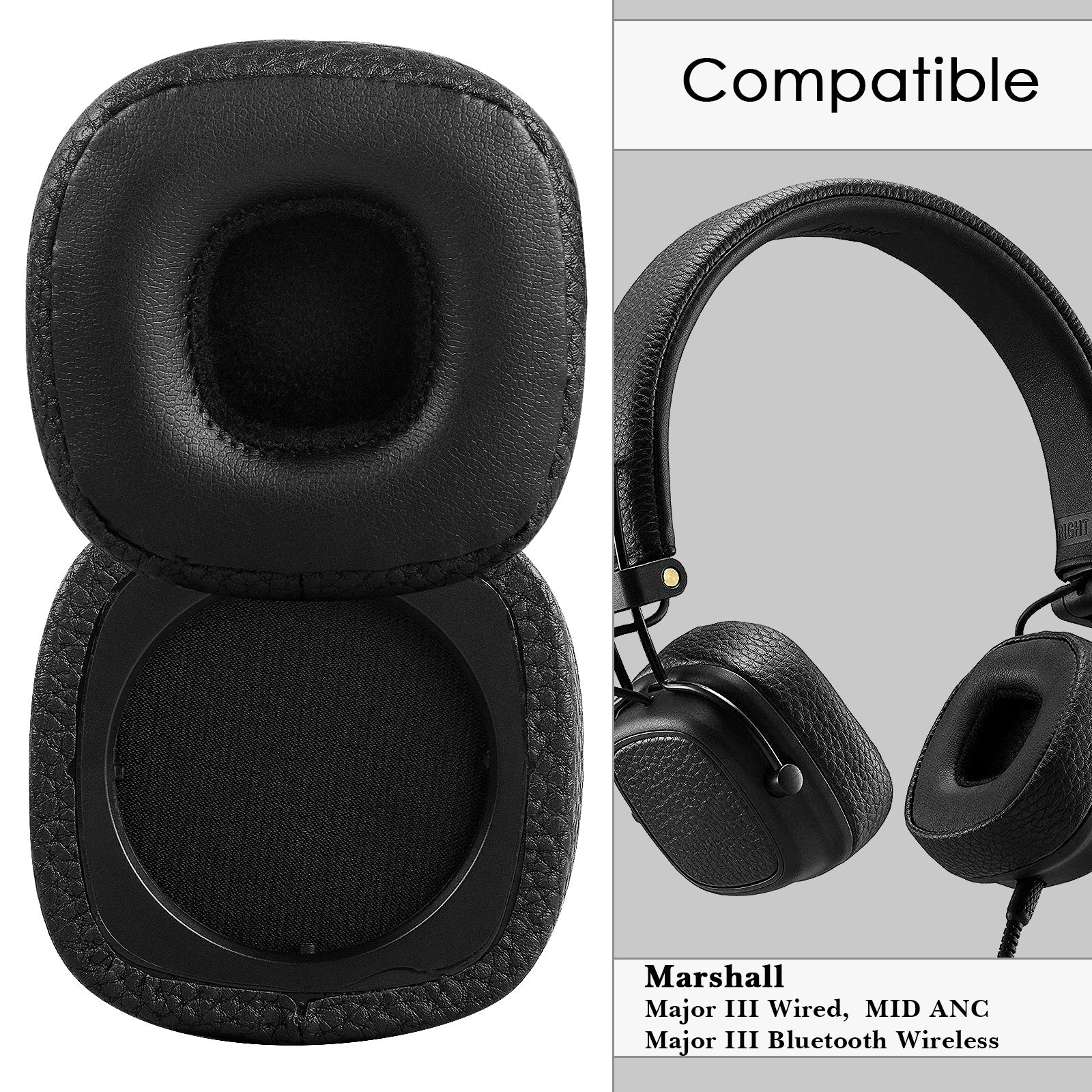 Linkidea Replacement Ear Pads for Marshall Major III Wired/ Major III Wireless/ Major IV/ MID ANC Headphones Ear Cushions, Headset Earpads (Protein Leather / Black)
