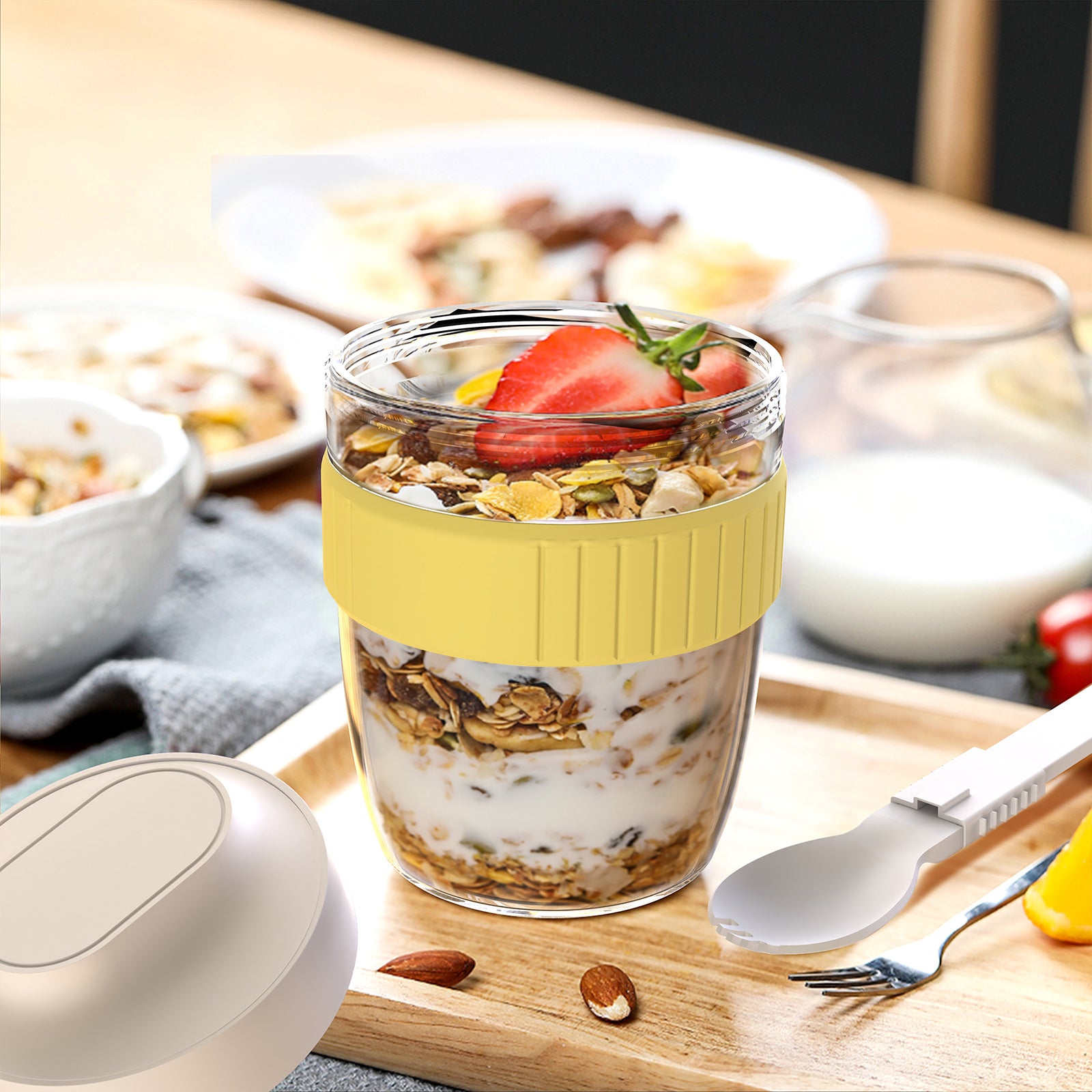 Linkidea Overnight Oats Containers with Lids, 19.2 oz Airtight Plastic Yogurt Cups with Spoons and Lids, Portable Overnight Oats Container for Milk, Cereal, Fruit, Yogurt, Fits Work/Picnic (White)