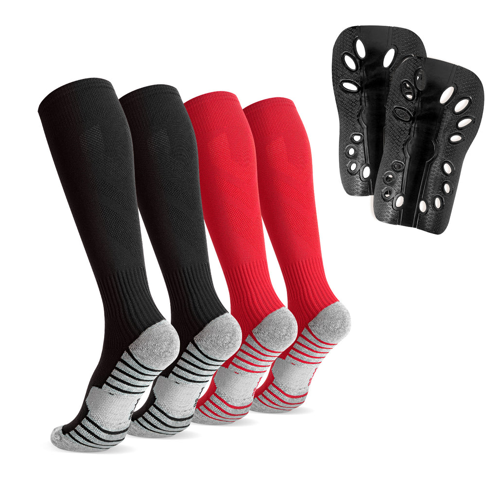 Linkidea Kids Soccer Socks with Shin Guards, 2 Pairs Breathable Knee High Socks with Lightweight Shin Pads, Long Sleeve Cushion Socks for Child 7-9 Years Over Calf Soccer Socks (Black&Red, M)