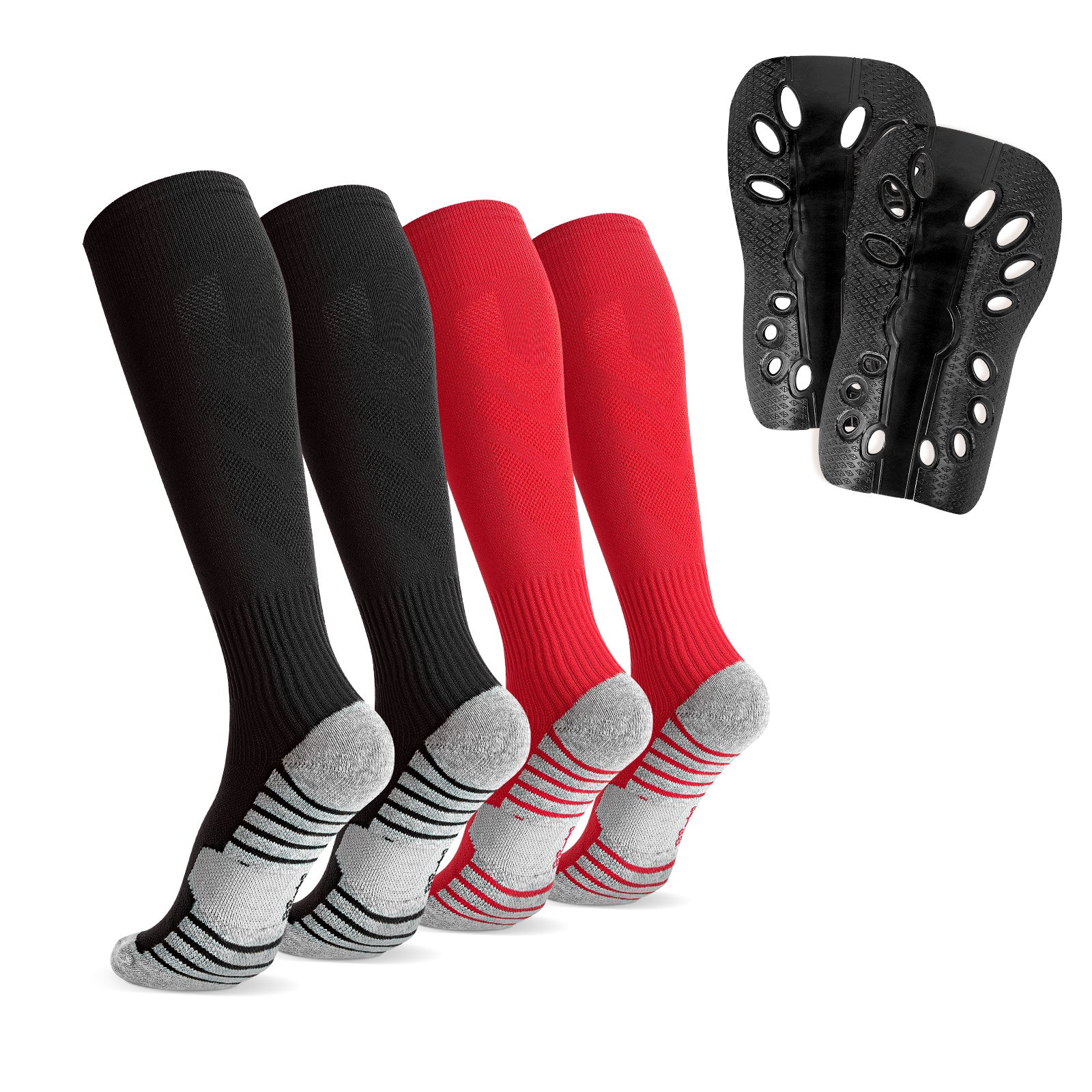 Linkidea Kids Soccer Socks with Shin Guards, 2 Pairs Breathable Knee High Socks with Lightweight Shin Pads, Long Sleeve Cushion Socks for Child 7-9 Years Over Calf Soccer Socks (Black&Red, M)