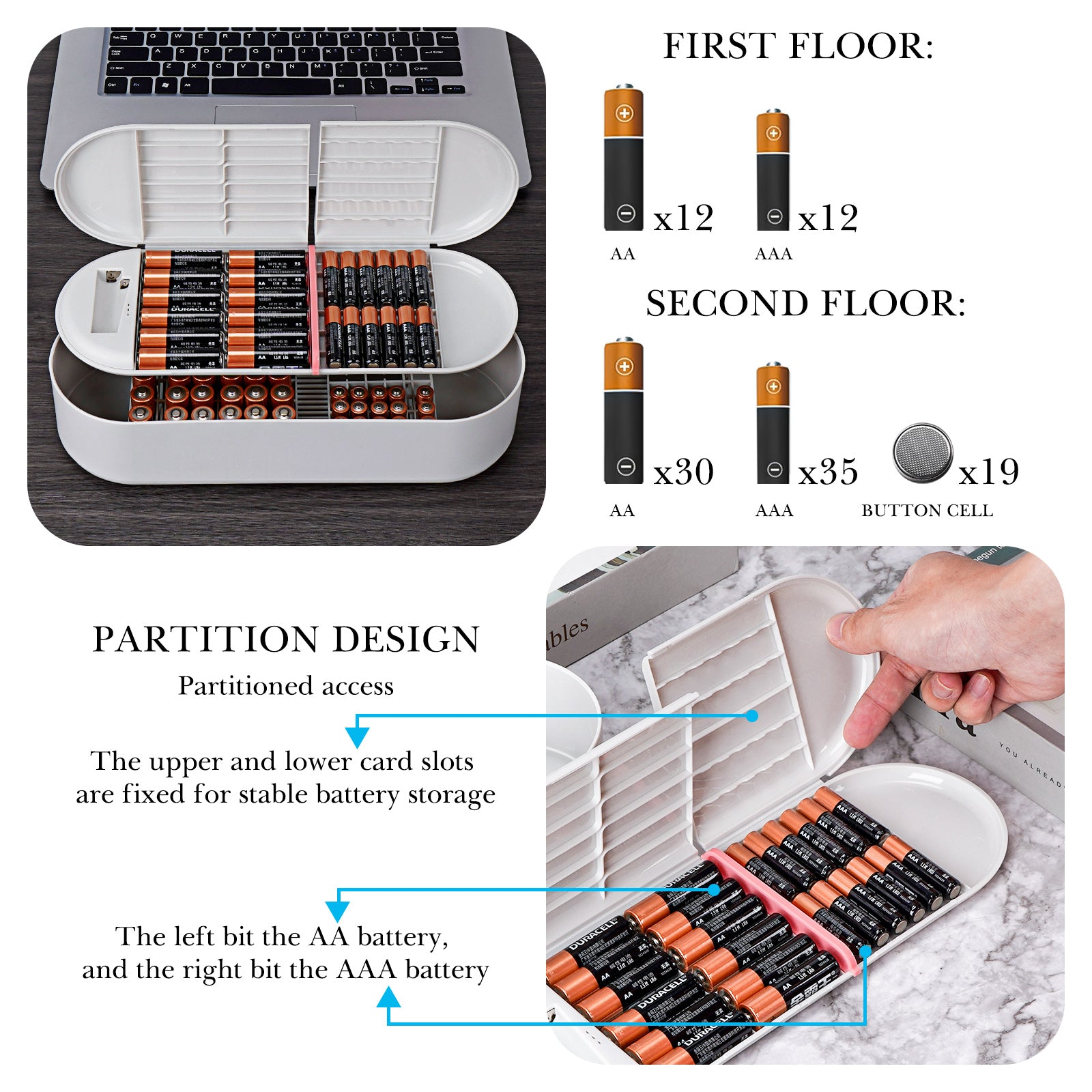 Linkidea Battery Storage Case with Tester, Portable Battery Organizer for 42 AA, 47 AAA, 19 Flat Battery, Double Layer Battery Storage Box (Grey & White)