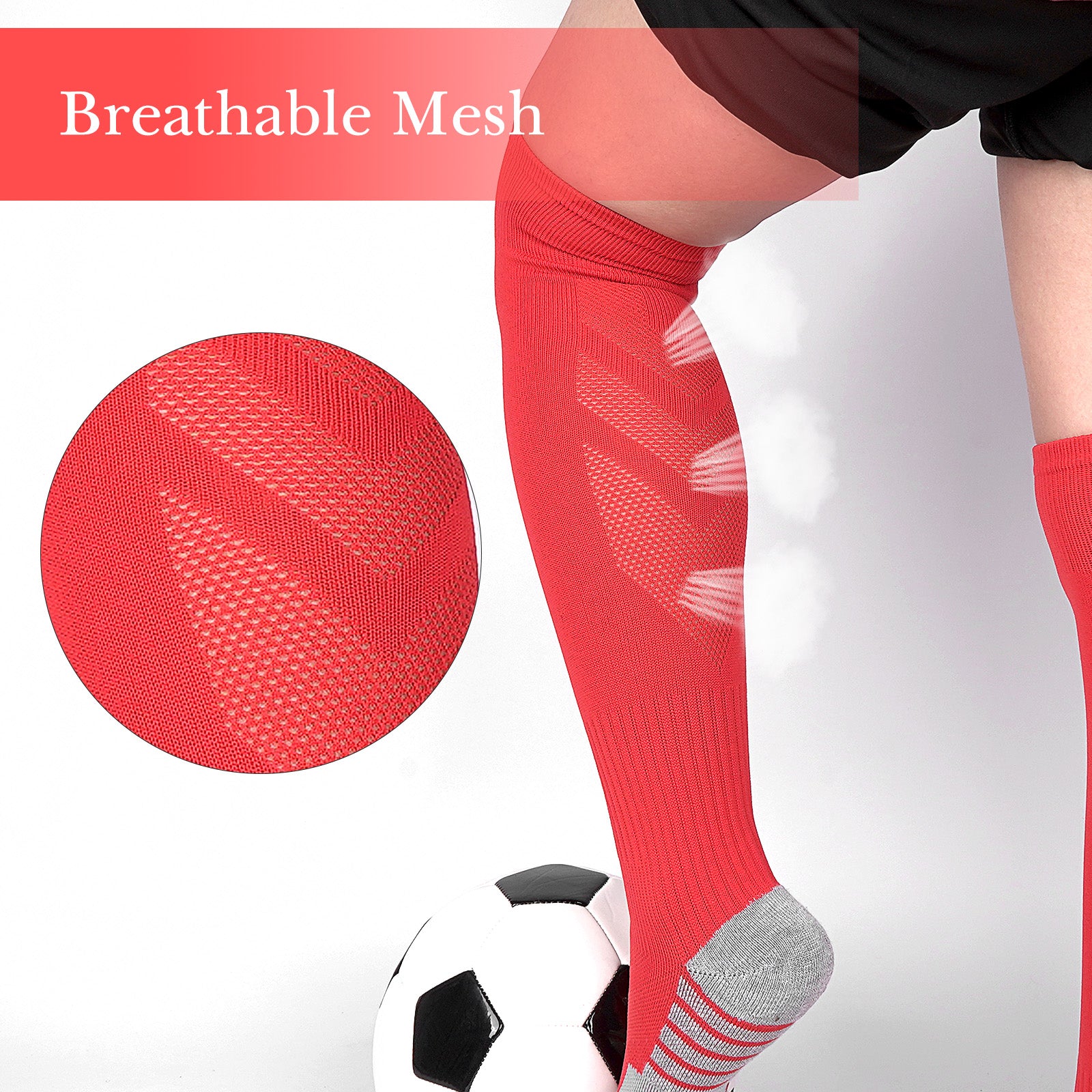 Linkidea Kids Soccer Socks with Shin Guards, 2 Pairs Breathable Knee High Socks with Lightweight Shin Pads, Long Sleeve Cushion Socks for Child 4-6 Years Over Calf Soccer Socks (Red&Blue, S)