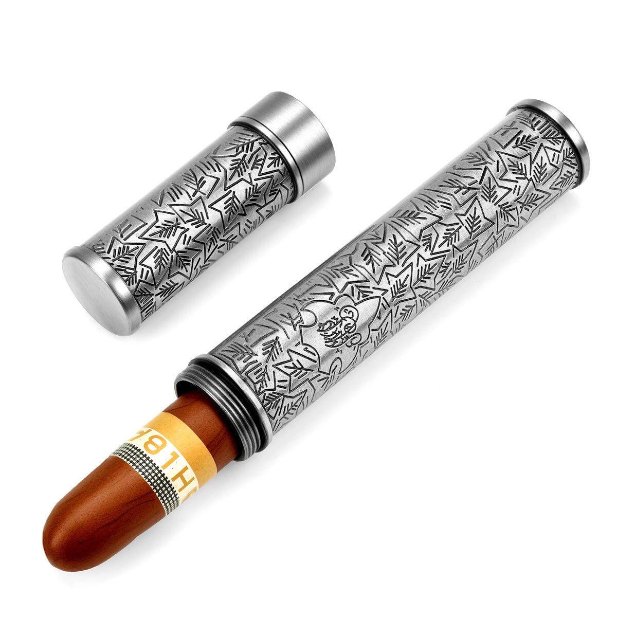 Linkidea Zinc Alloy Vintage Leaves Stripe Pattern Cigar Holder Case, Airtight Single Tube, Portable Travel Cigar Case Compatible with 50 Ring Gauge Cigars (Silver)