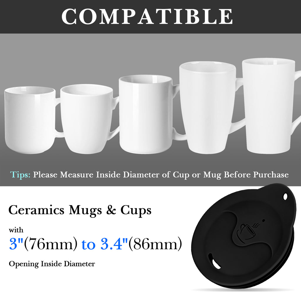 Linkidea 2 Pack Silicone Coffee Mug Lid for 3"(76mm) to 3.4"(86mm) Inside Diameter Mugs, Splash Resistant Replacement Mug Lid for Home, Office, Travel, Dishwasher-Safe (Black)
